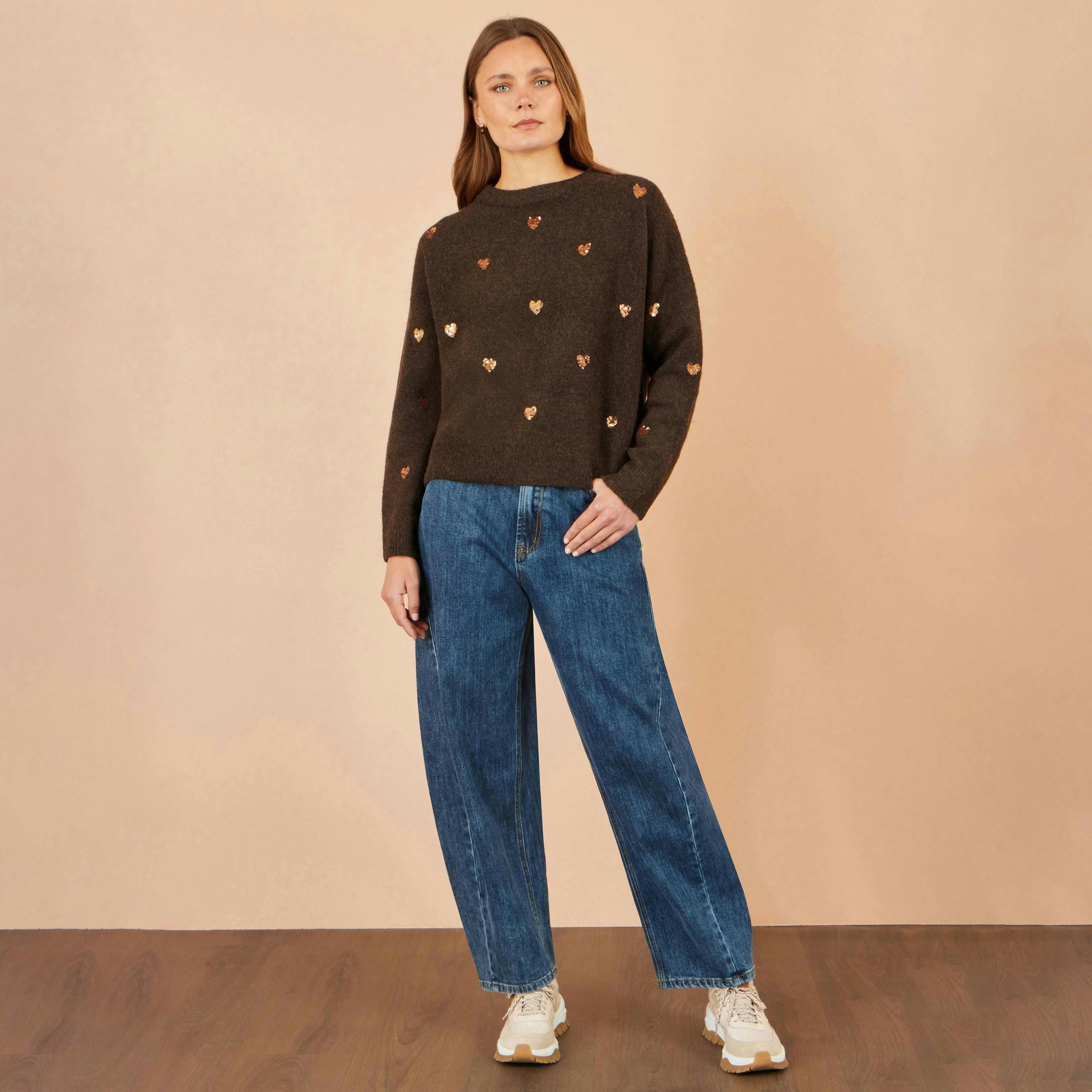 Yumi Brown Sequin Heart Relaxed Jumper , view 2 of 4