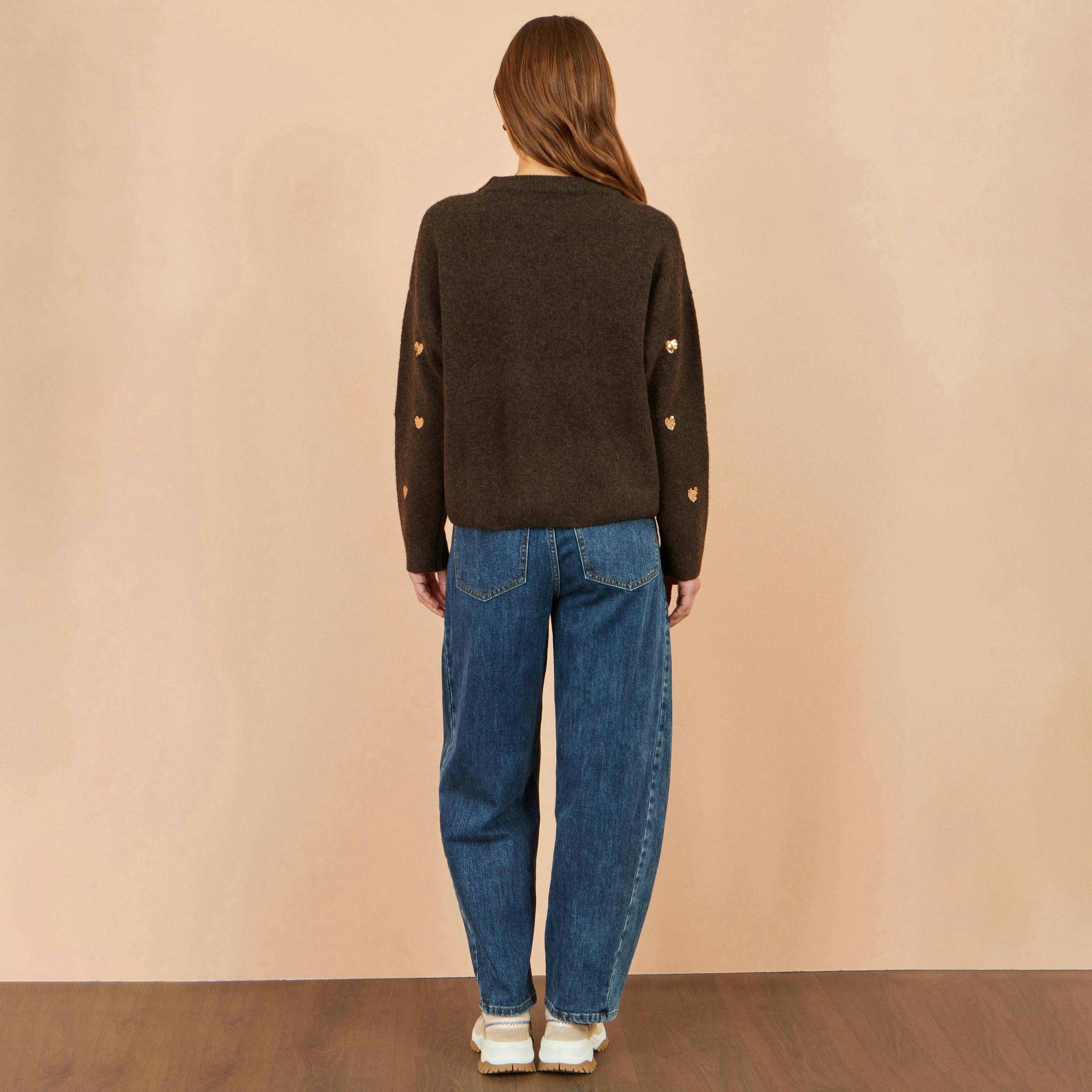 Yumi Brown Sequin Heart Relaxed Jumper , view 3 of 4