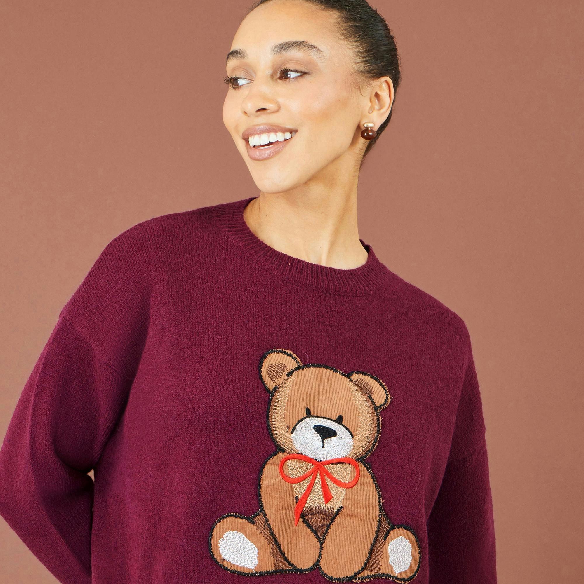 Yumi Burgundy Teddy Bear Relaxed Jumper , view 2 of 4