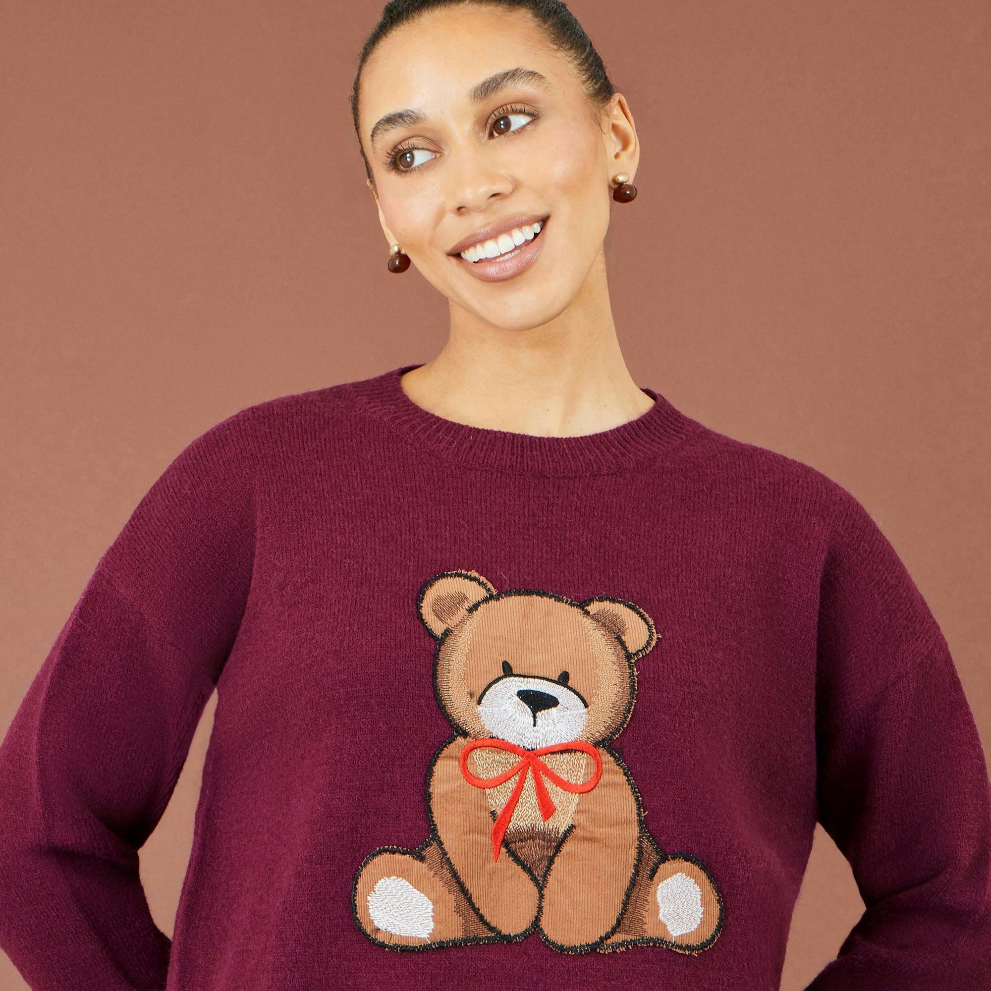 Yumi Burgundy Teddy Bear Relaxed Jumper , view 3 of 4