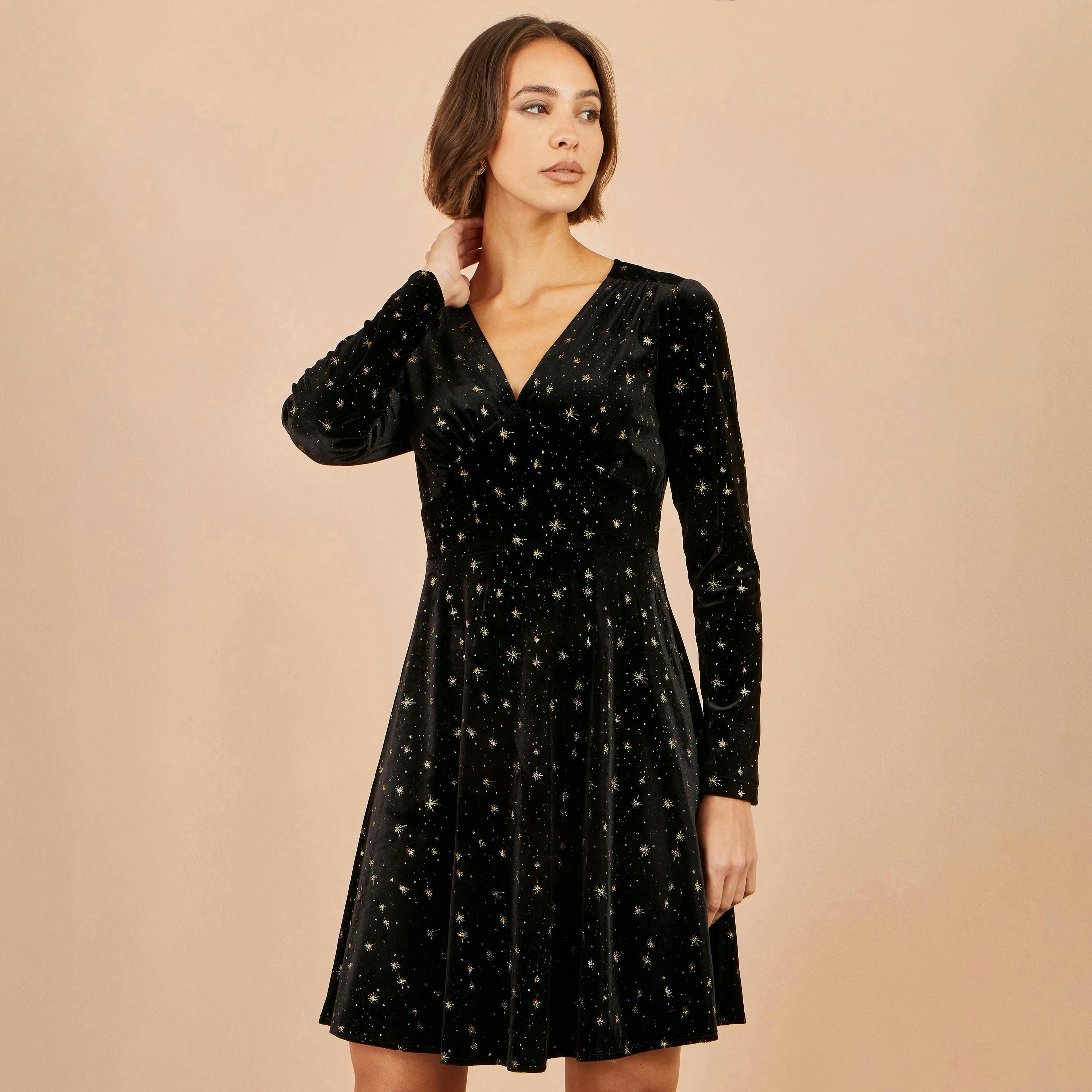 Yumi Black Velvet Skater Dress With Foil Star Print , view 2 of 5