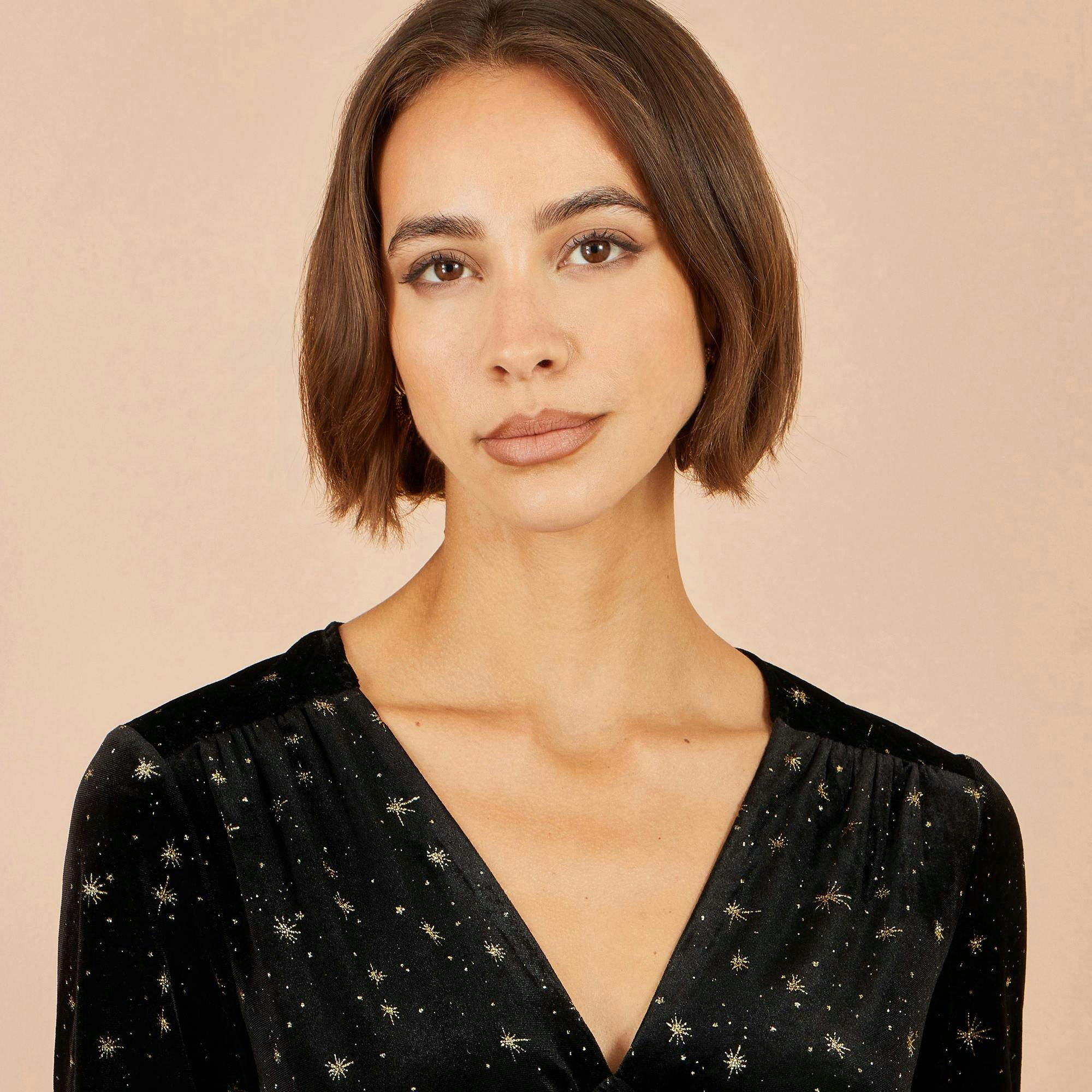 Yumi Black Velvet Skater Dress With Foil Star Print , view 5 of 5