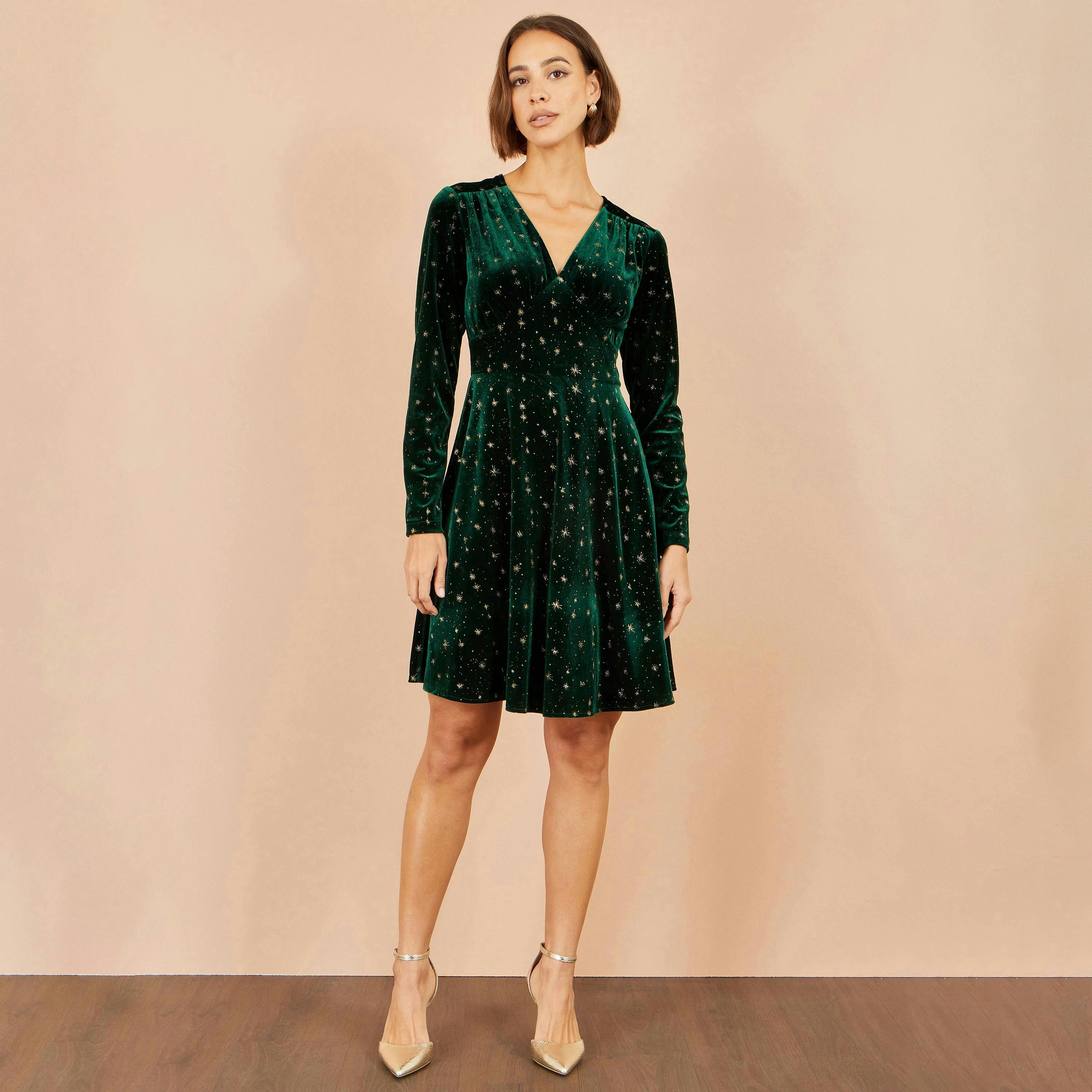 Yumi Green Velvet Skater Dress With Foil Star Print , view 2 of 5
