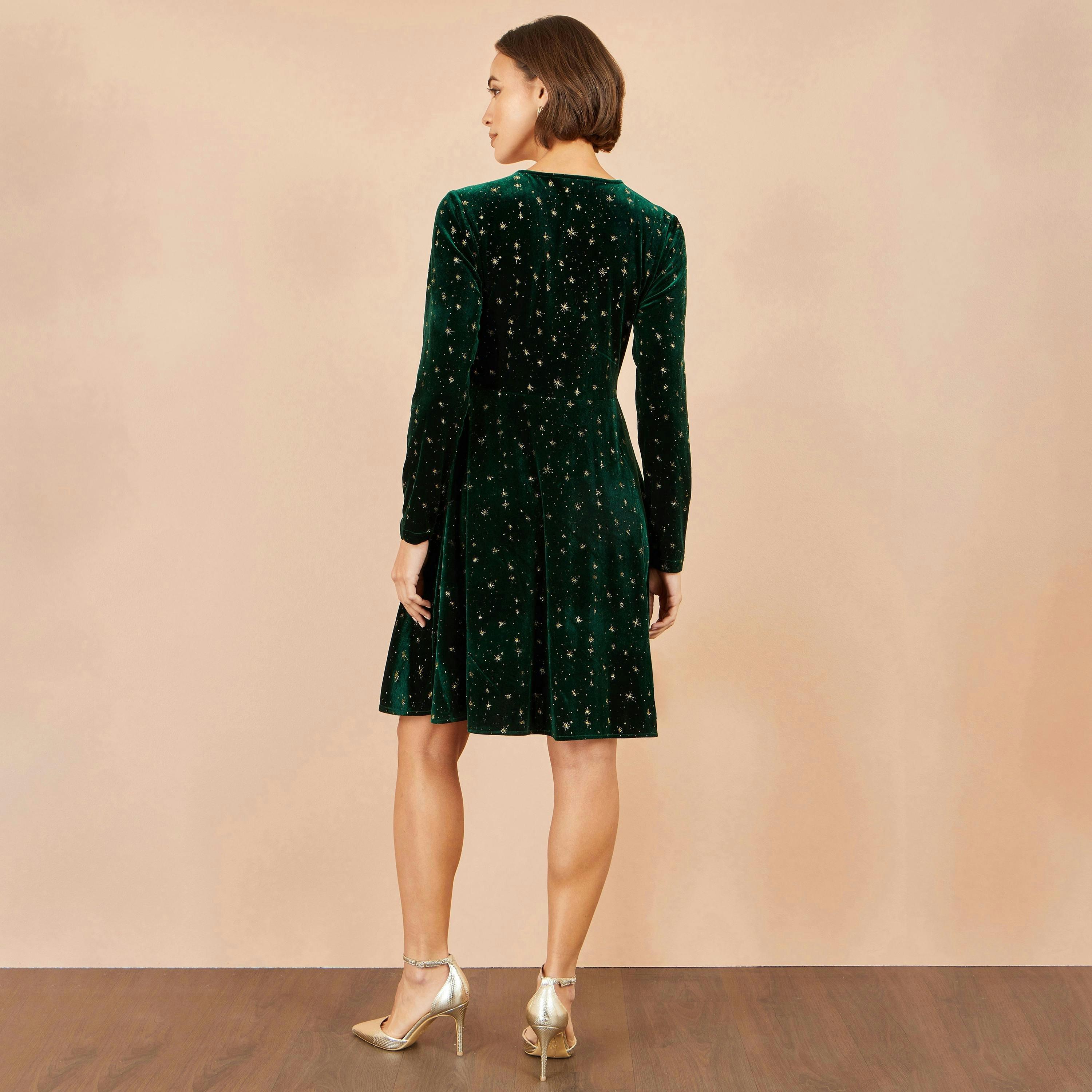 Yumi Green Velvet Skater Dress With Foil Star Print , view 3 of 5