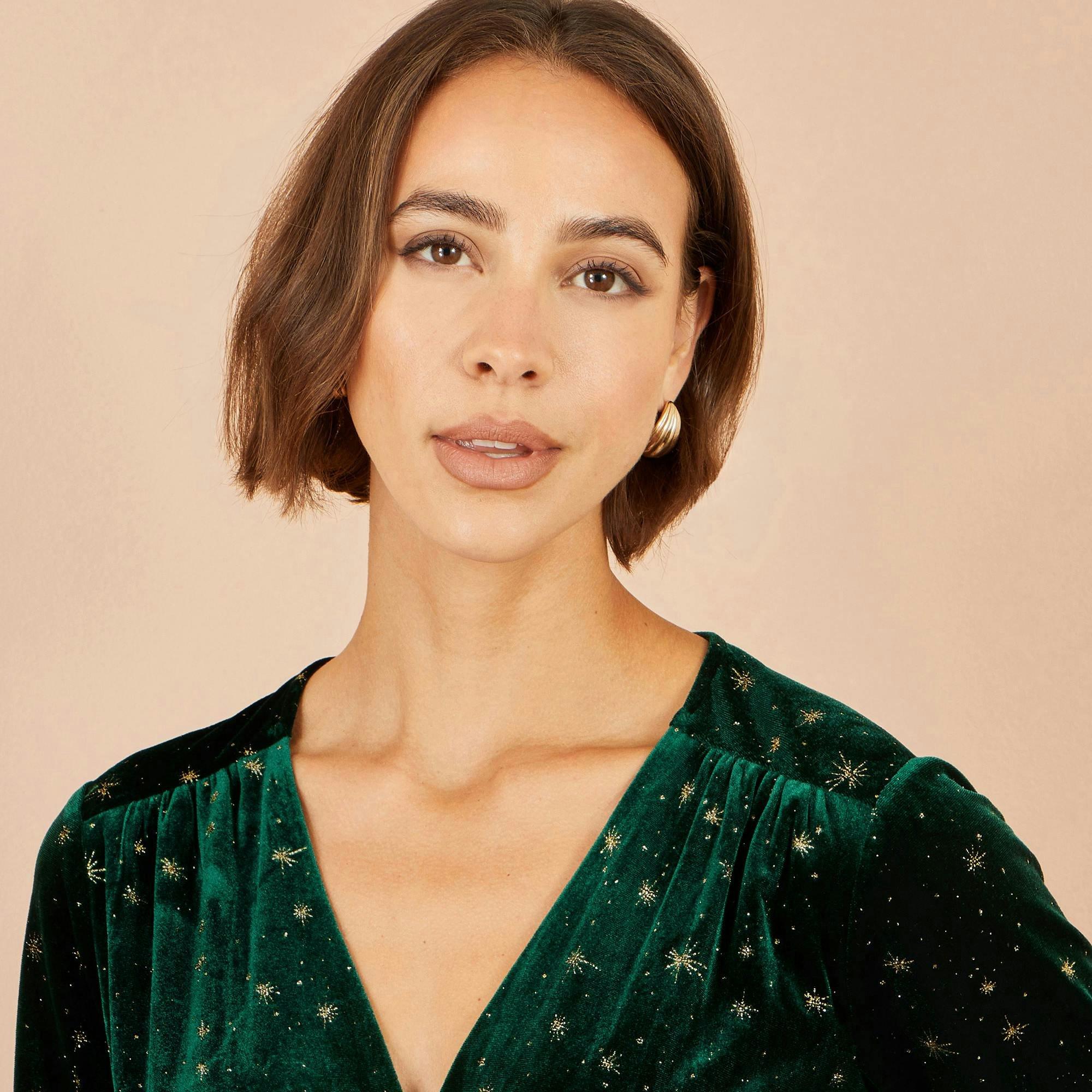 Yumi Green Velvet Skater Dress With Foil Star Print , view 4 of 5