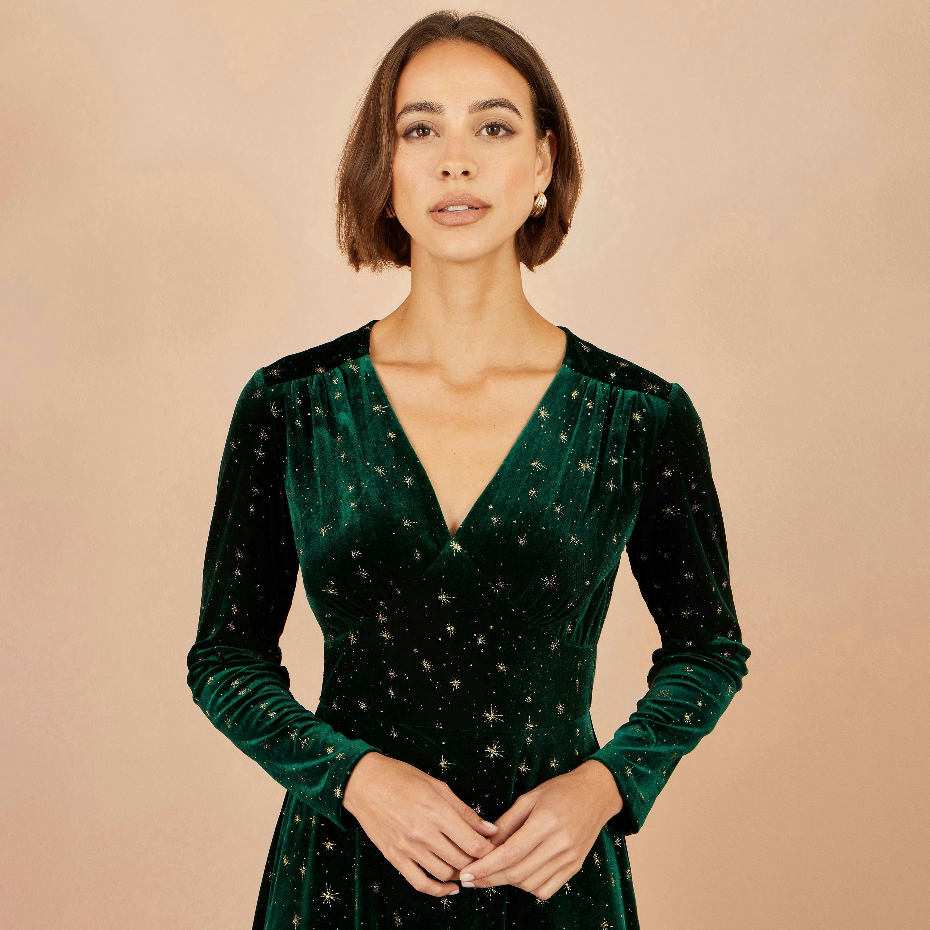 Yumi Green Velvet Skater Dress With Foil Star Print , view 5 of 5