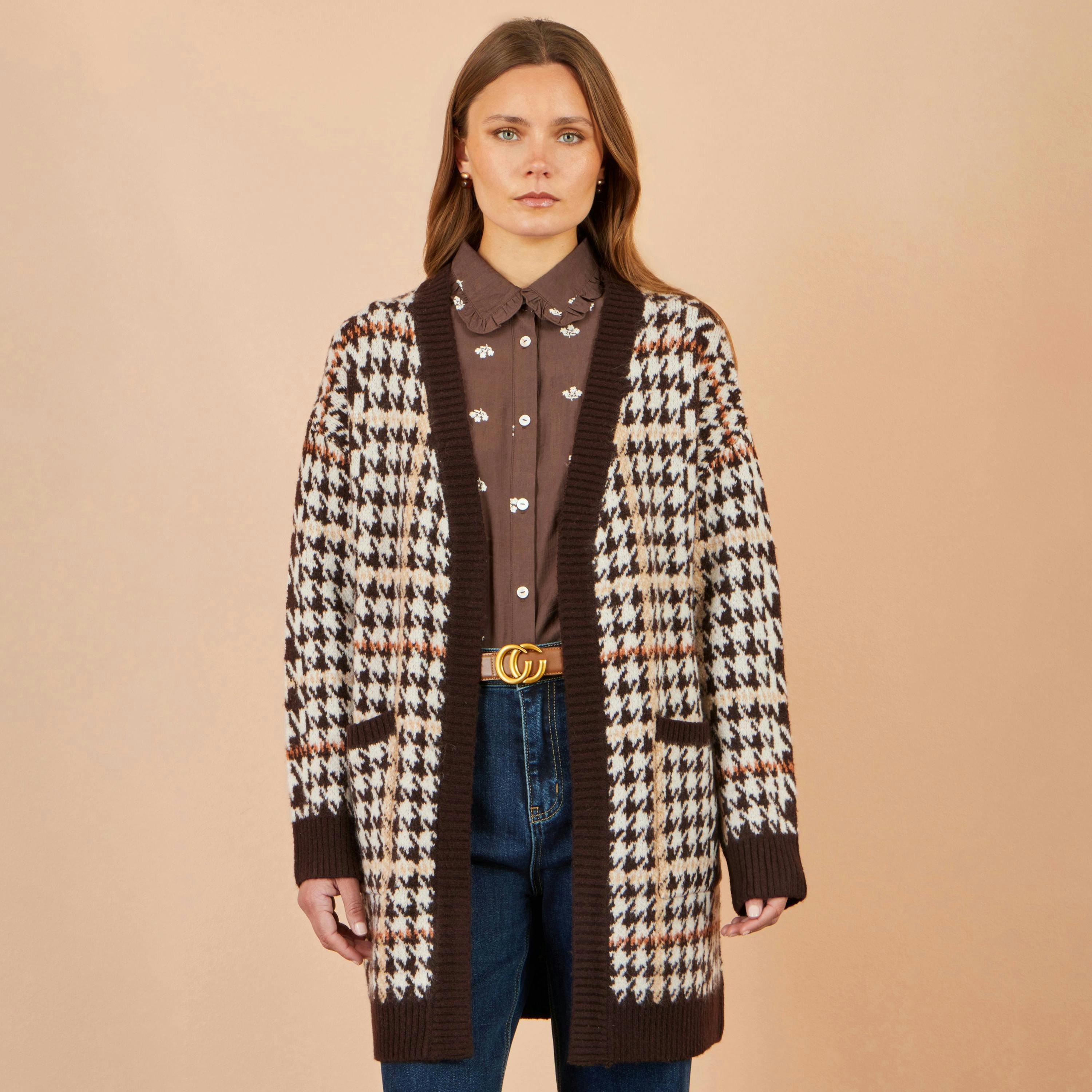 Yumi Brown Knitted Check Long Cardigan , view 2 of 4