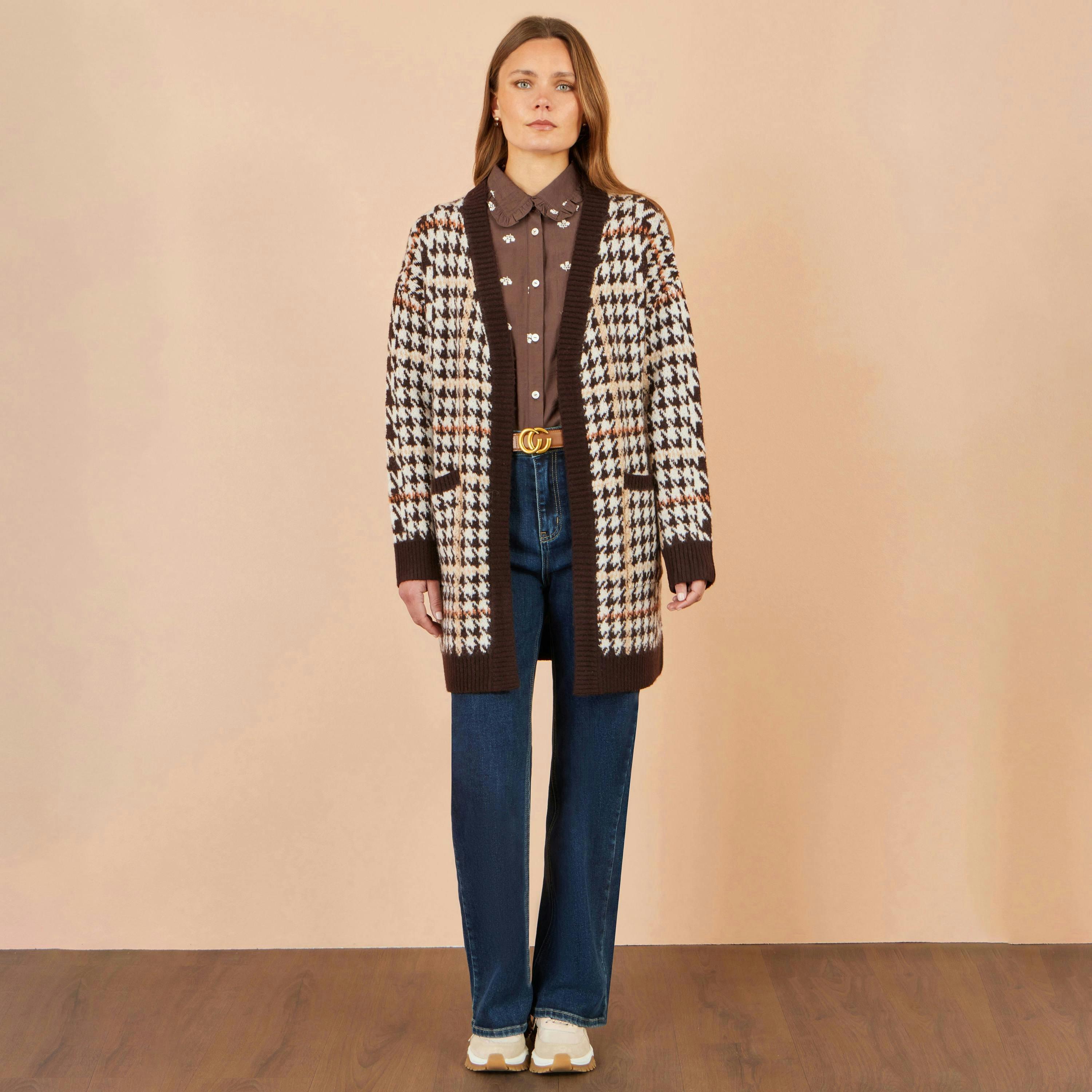 Yumi Brown Knitted Check Long Cardigan , view 3 of 4