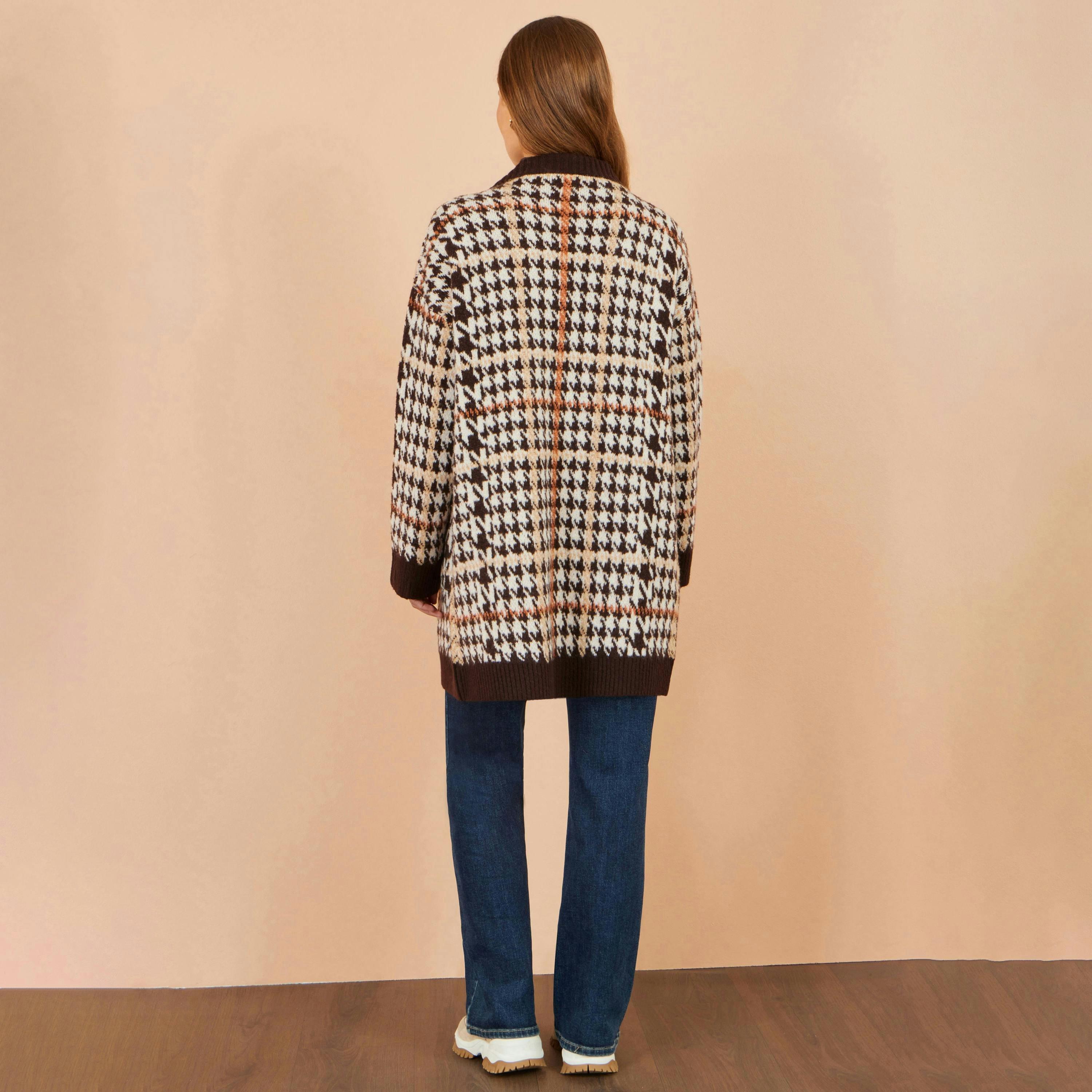 Yumi Brown Knitted Check Long Cardigan , view 4 of 4