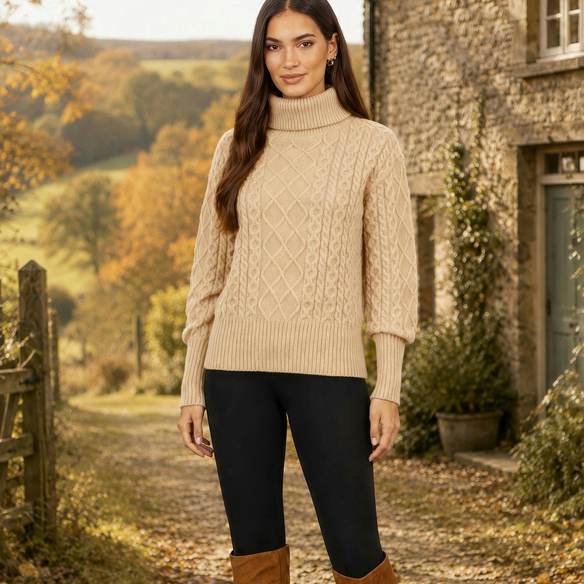 Yumi Beige Cable Knit Roll Neck Jumper , view 2 of 4