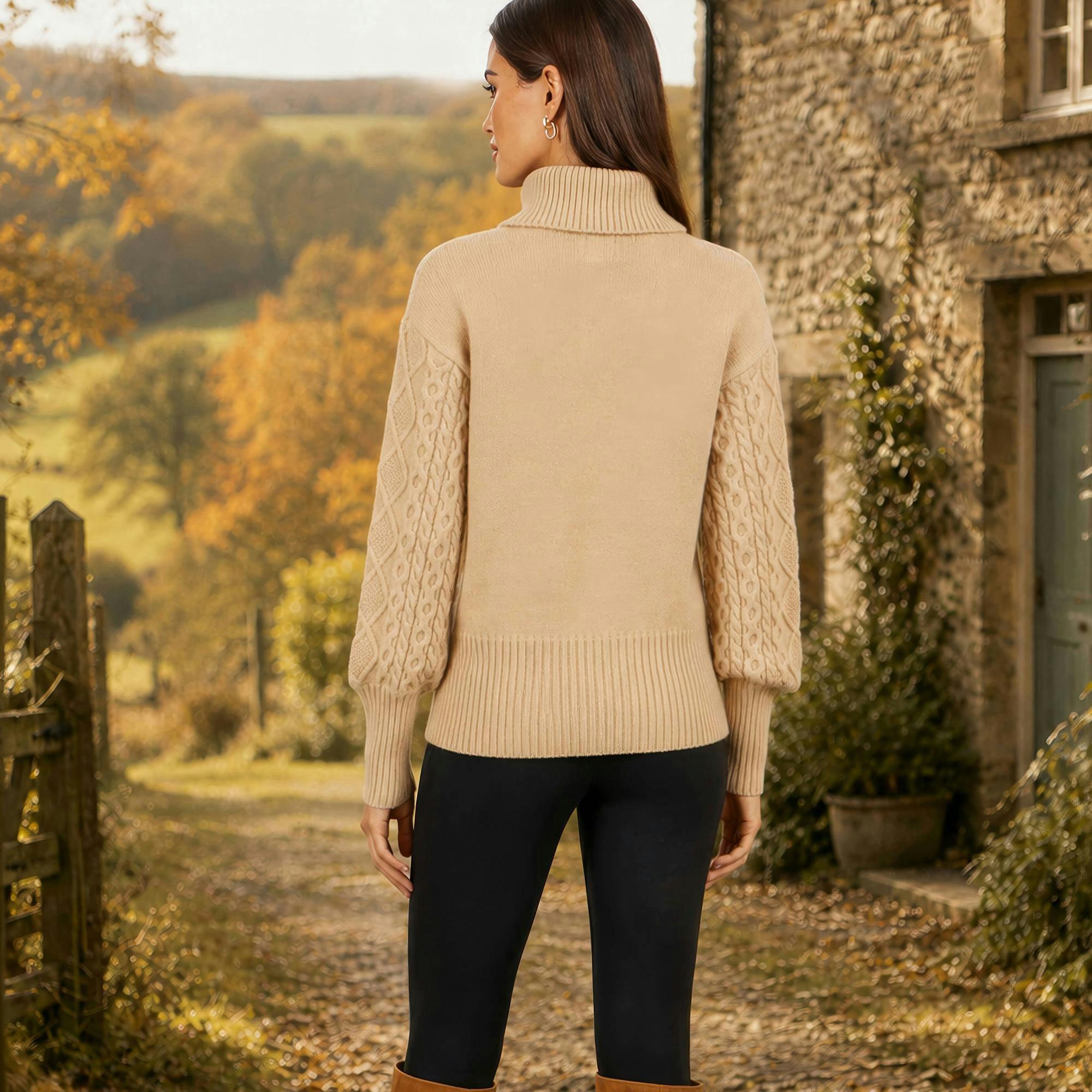 Yumi Beige Cable Knit Roll Neck Jumper , view 3 of 4