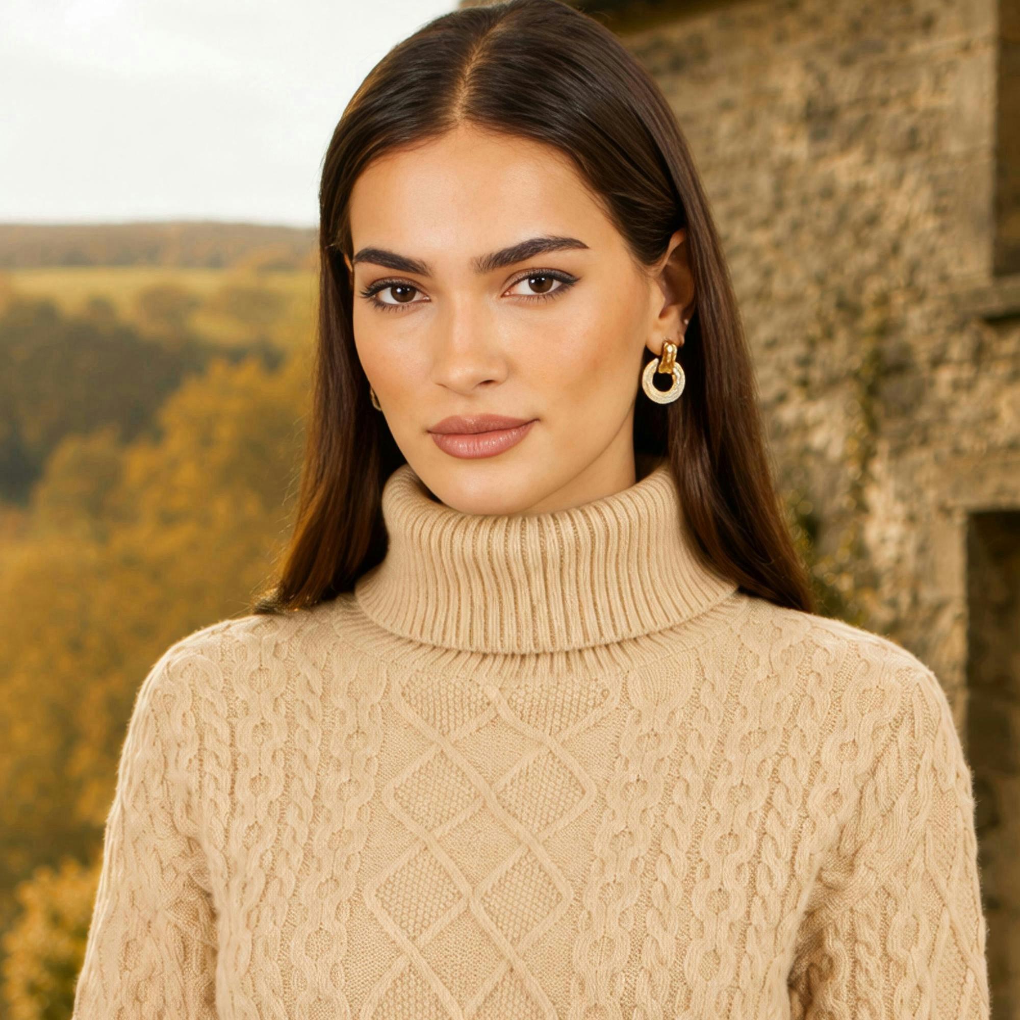 Yumi Beige Cable Knit Roll Neck Jumper , view 4 of 4