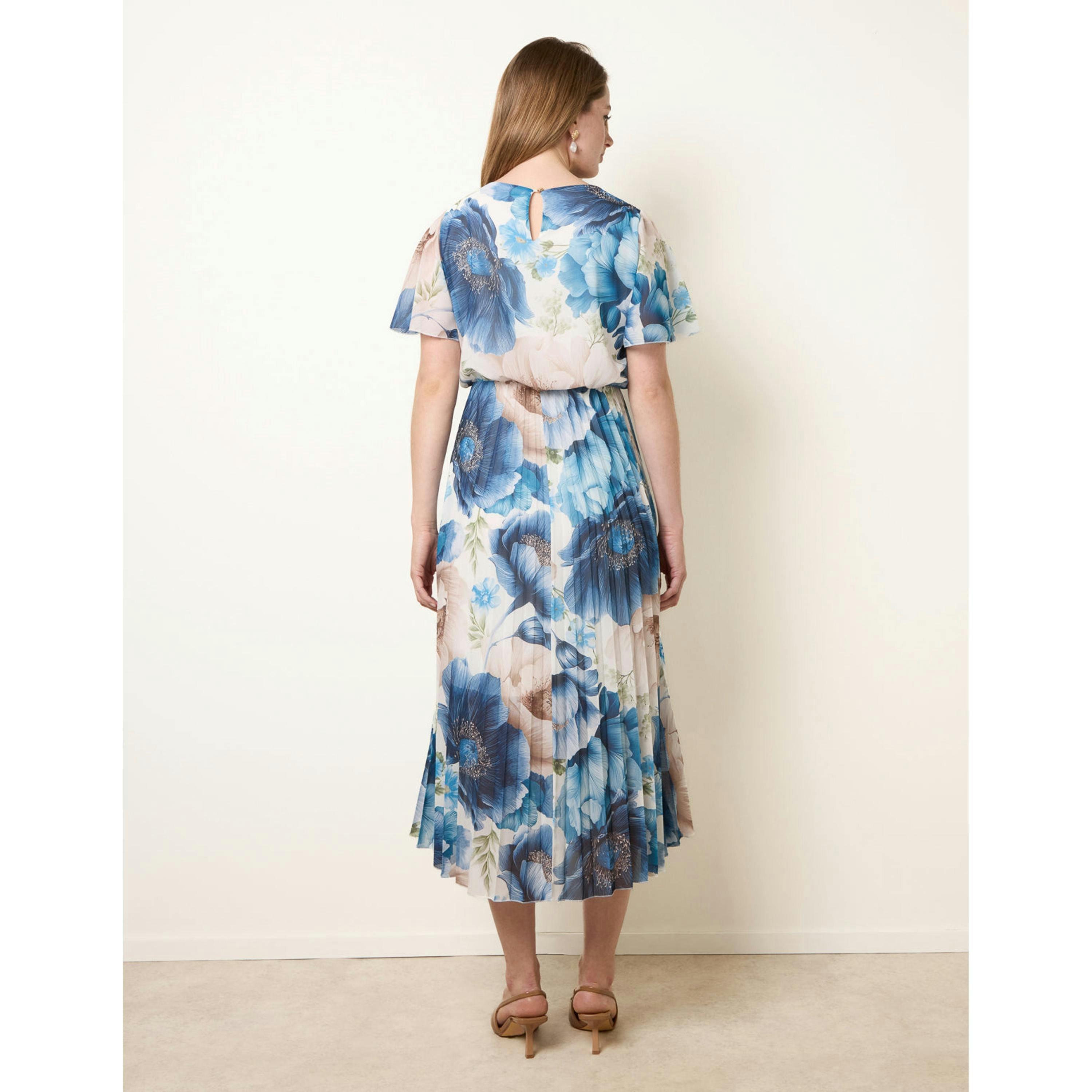 Blue Vanilla Pleated Scoop Neck Short Sleeve Floral Dress  in Blue , view 2 of 4