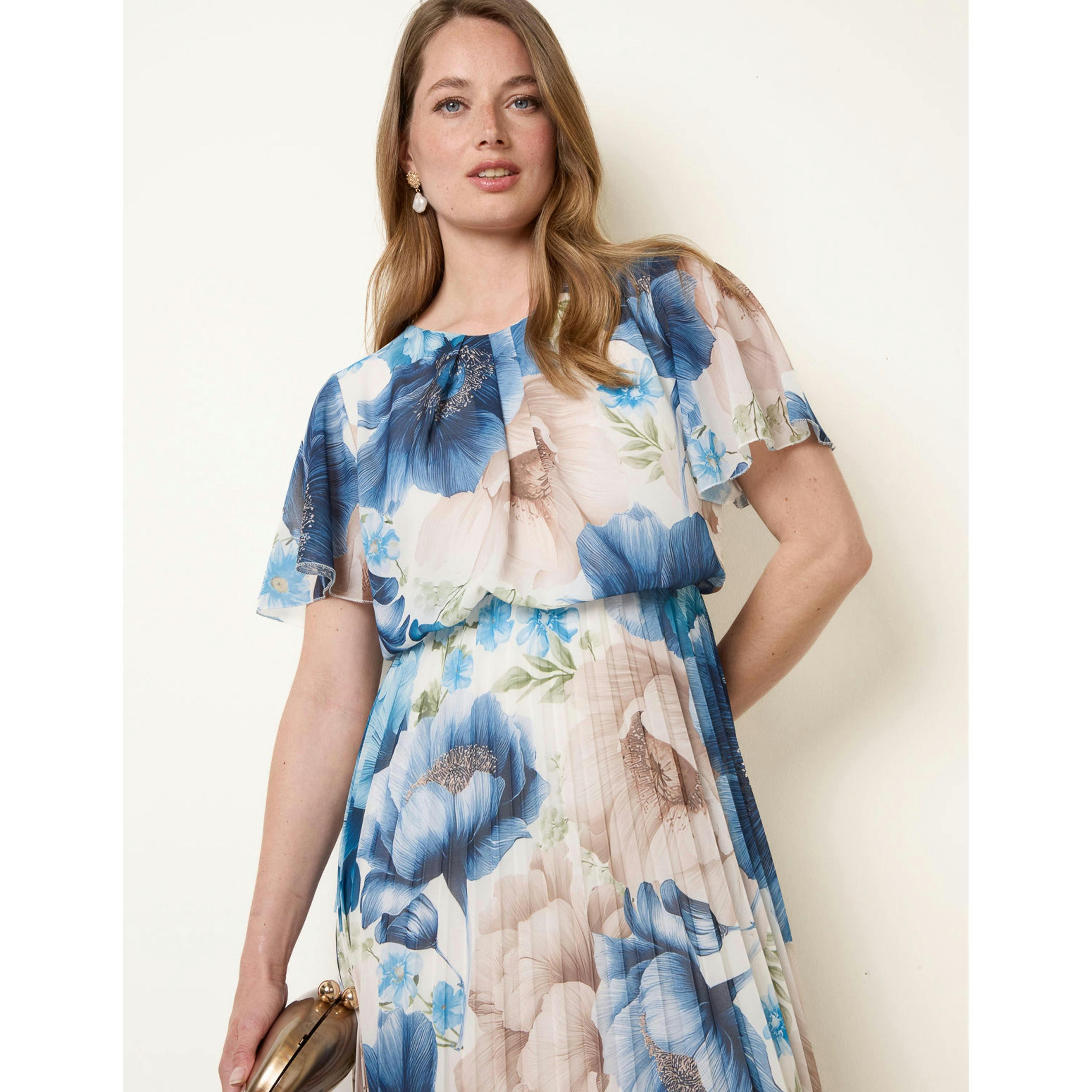 Blue Vanilla Pleated Scoop Neck Short Sleeve Floral Dress  in Blue , view 3 of 4