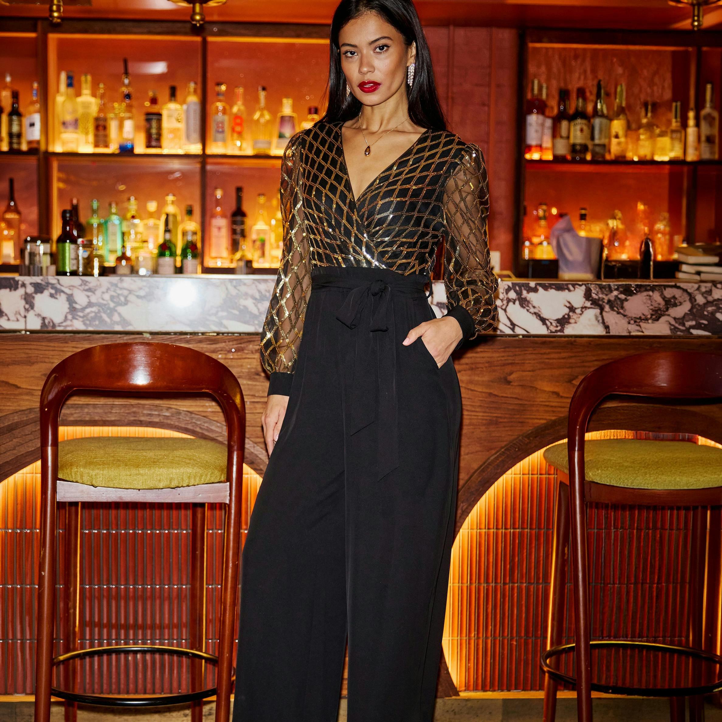 Yumi Black And Gold Sequin Wrap Over Jumpsuit , view 2 of 6