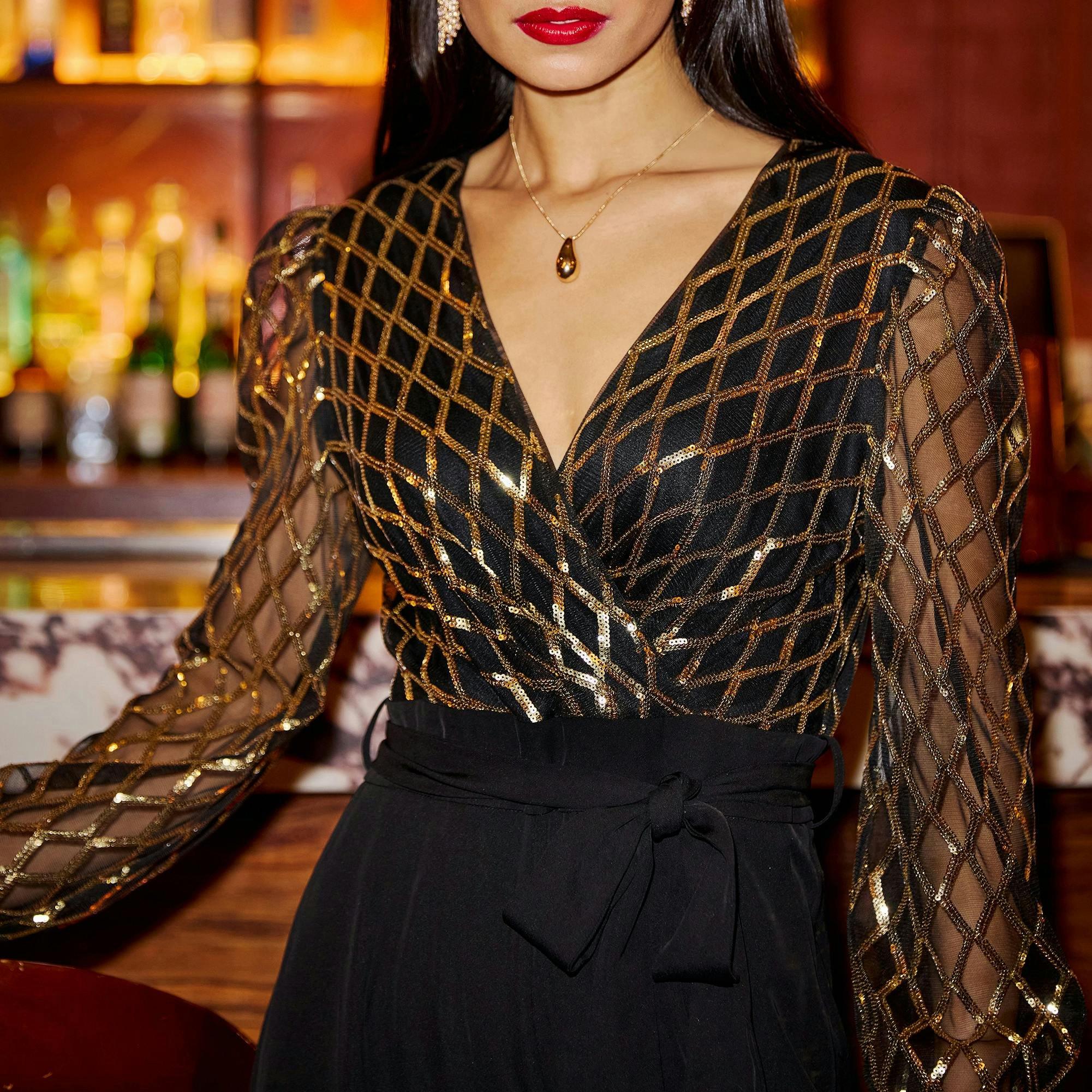 Yumi Black And Gold Sequin Wrap Over Jumpsuit , view 6 of 6