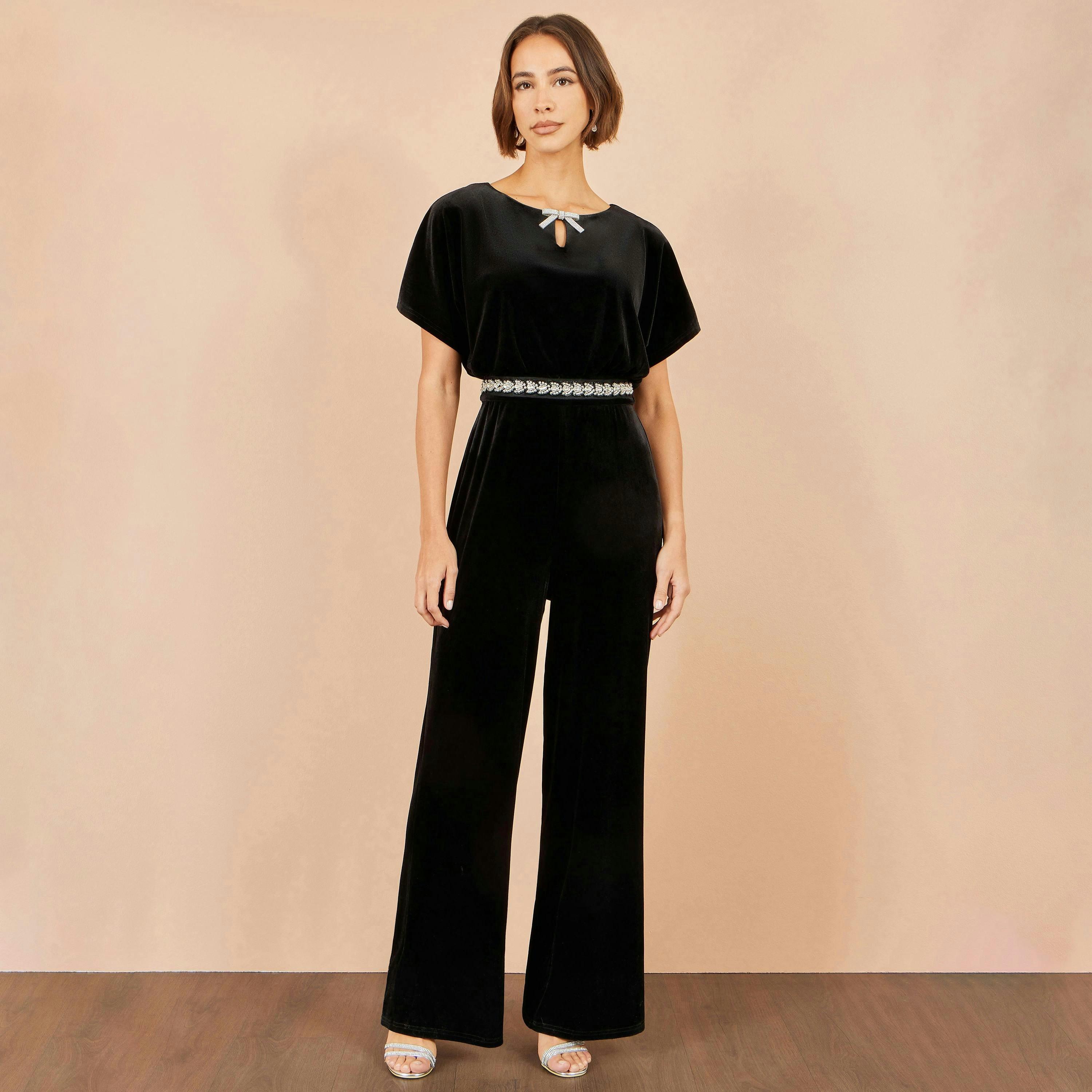 Yumi Black Velvet Jumpsuit With Diamante Embellishment , view 2 of 4