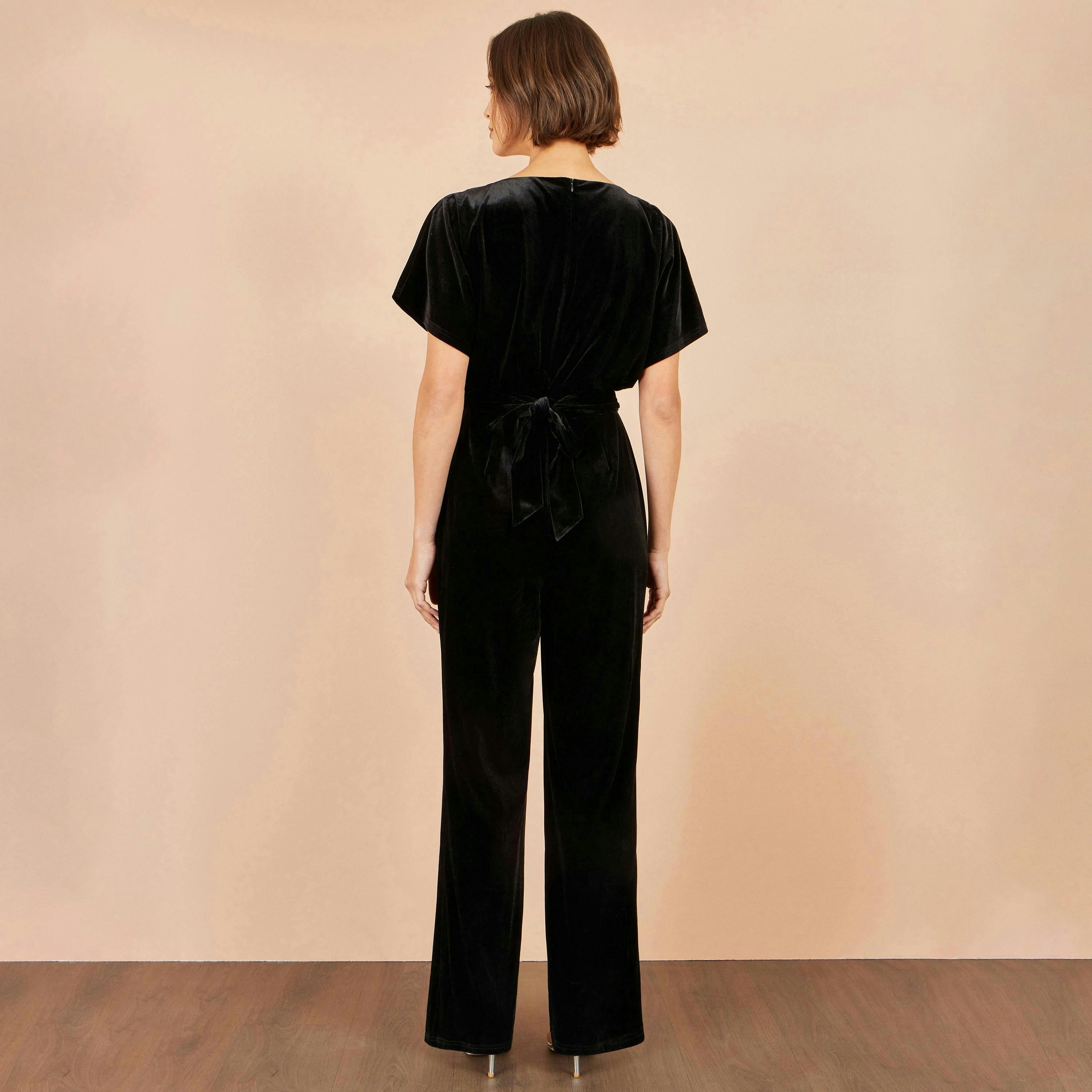 Yumi Black Velvet Jumpsuit With Diamante Embellishment , view 3 of 4
