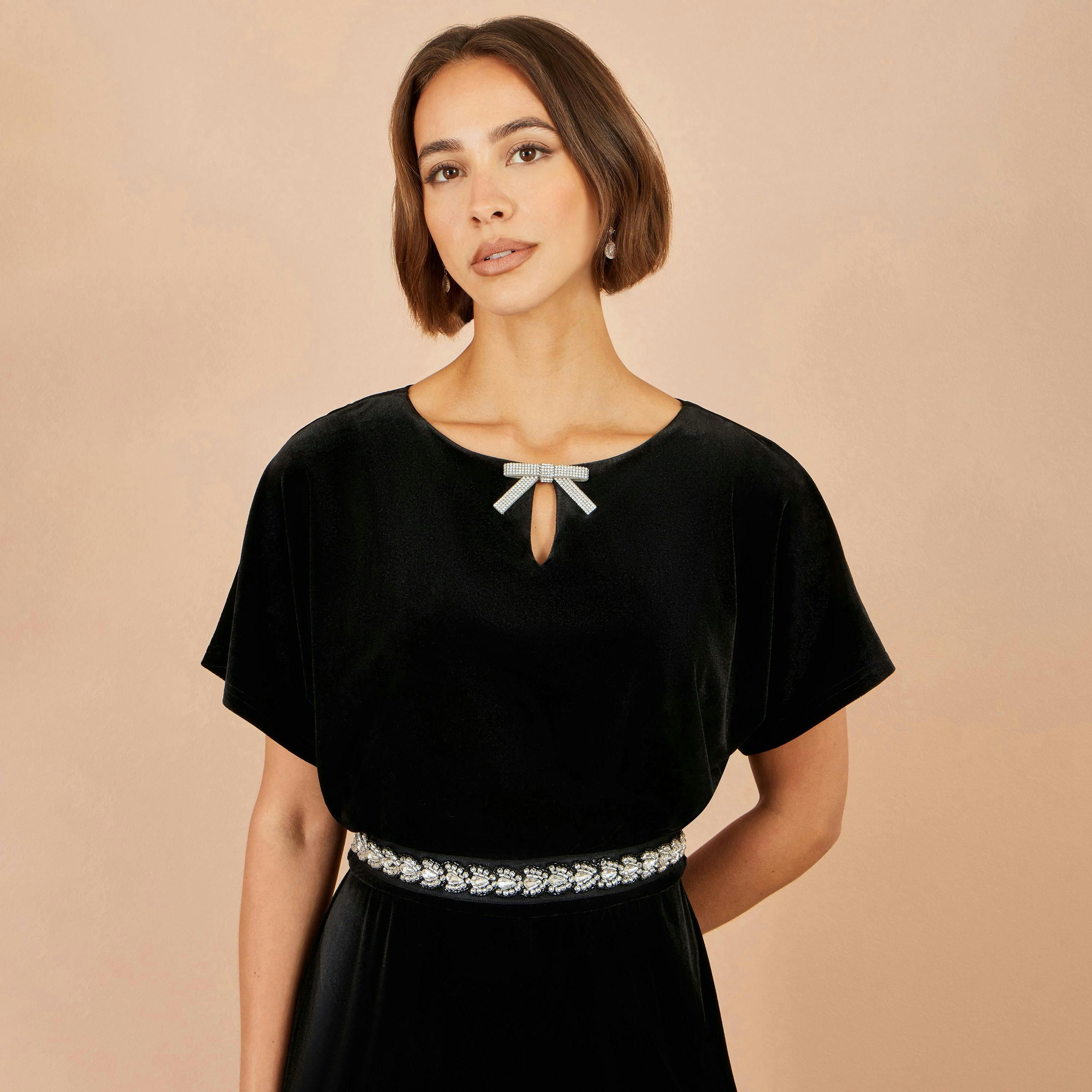 Yumi Black Velvet Jumpsuit With Diamante Embellishment , view 4 of 4