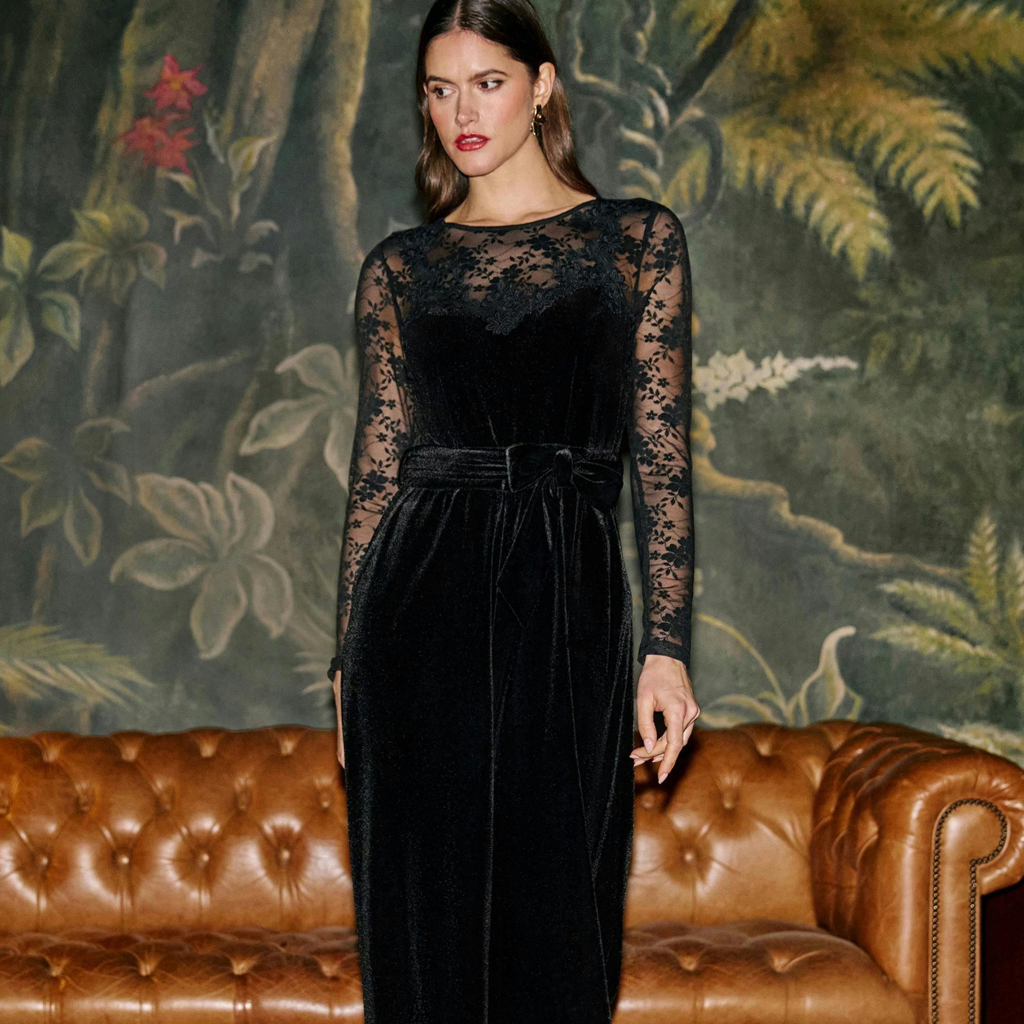 Yumi Black Lace Applique Sleeve Velvet Jumpsuit , view 2 of 6