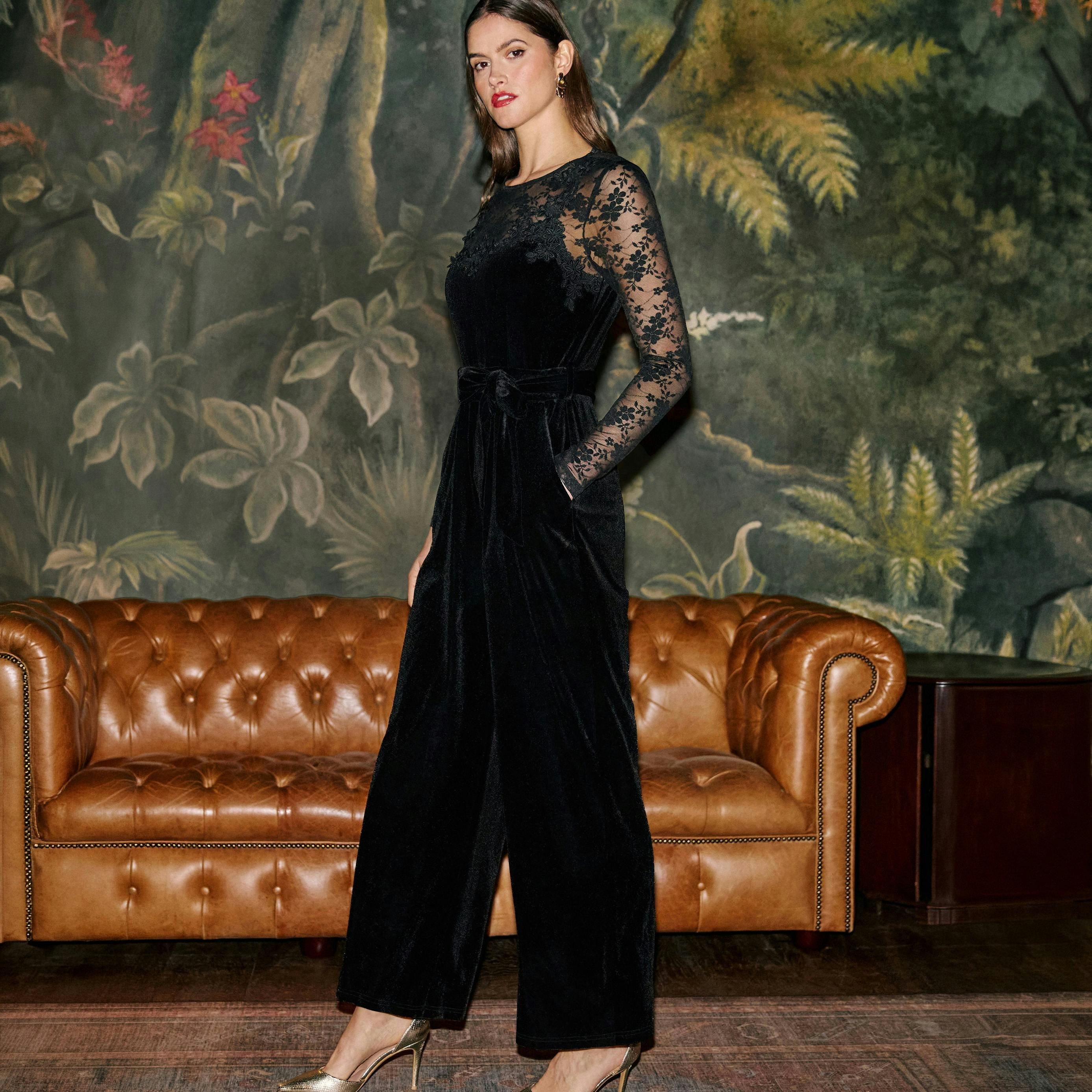 Yumi Black Lace Applique Sleeve Velvet Jumpsuit , view 3 of 6