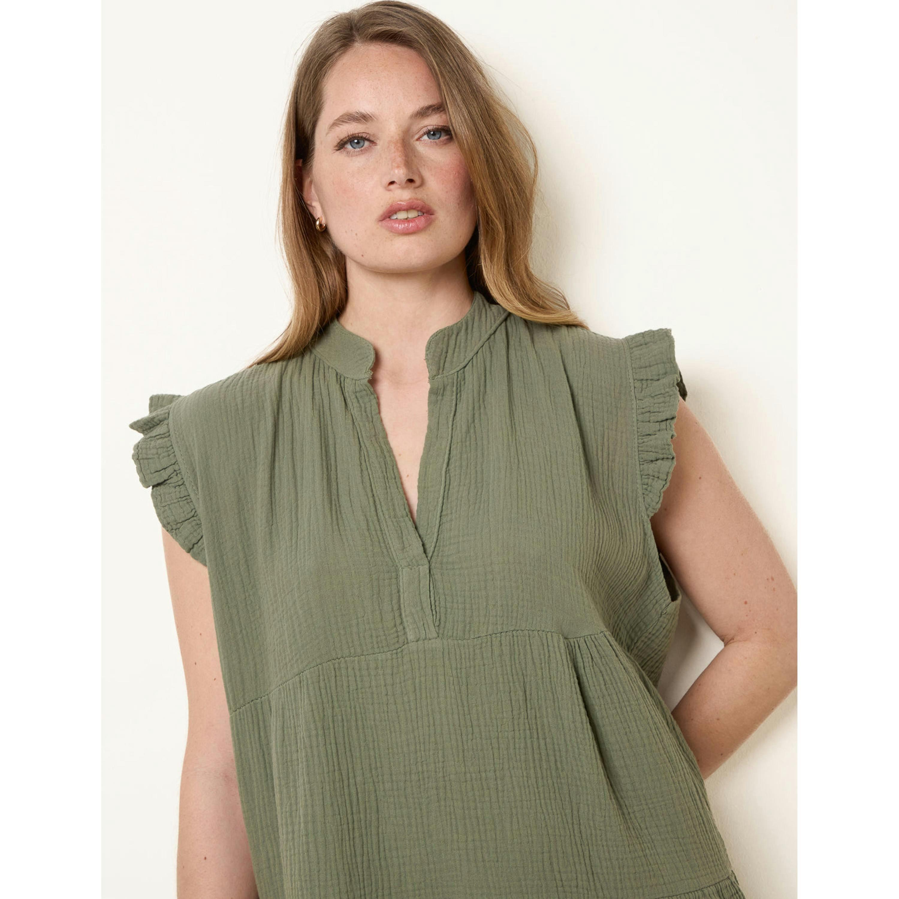 Blue Vanilla Cheesecloth Frill Sleeve Tunic  in Khaki , view 2 of 4