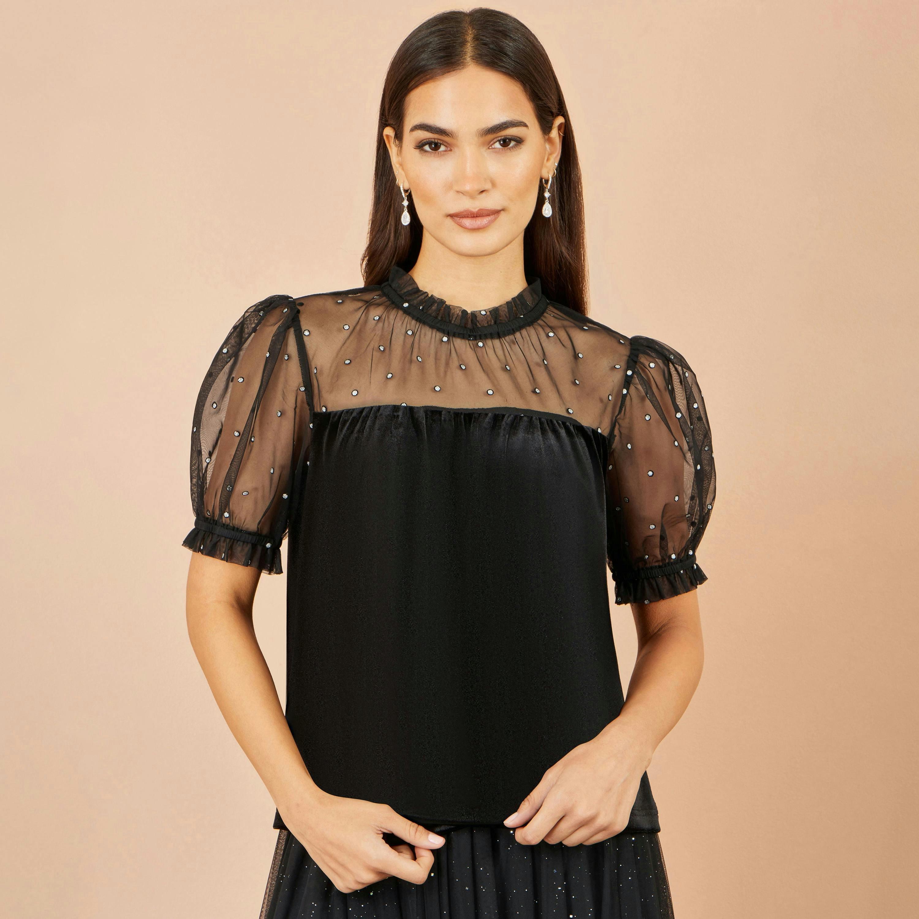 Yumi Black Velvet Mesh Embellished Top , view 2 of 5