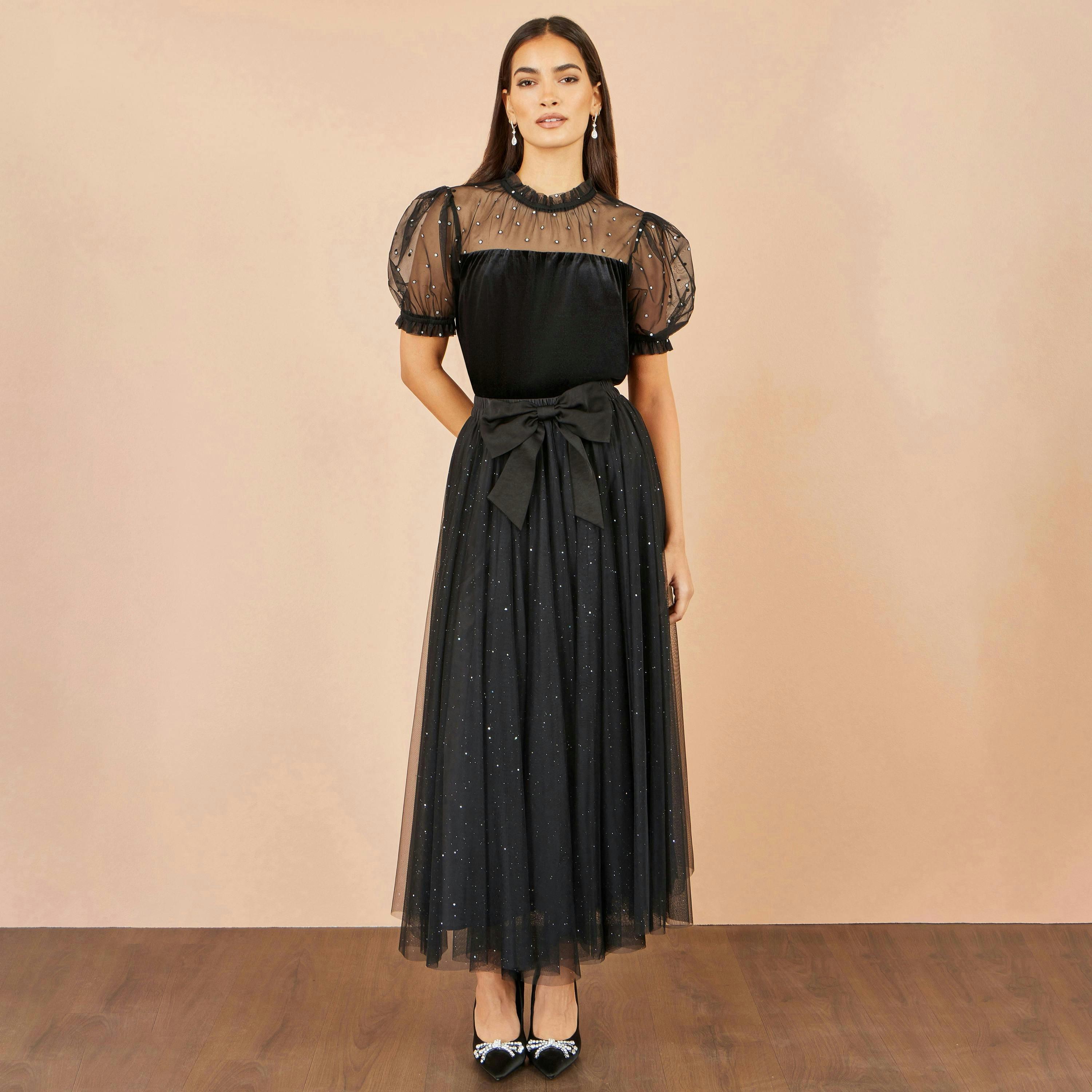 Yumi Black Velvet Mesh Embellished Top , view 3 of 5