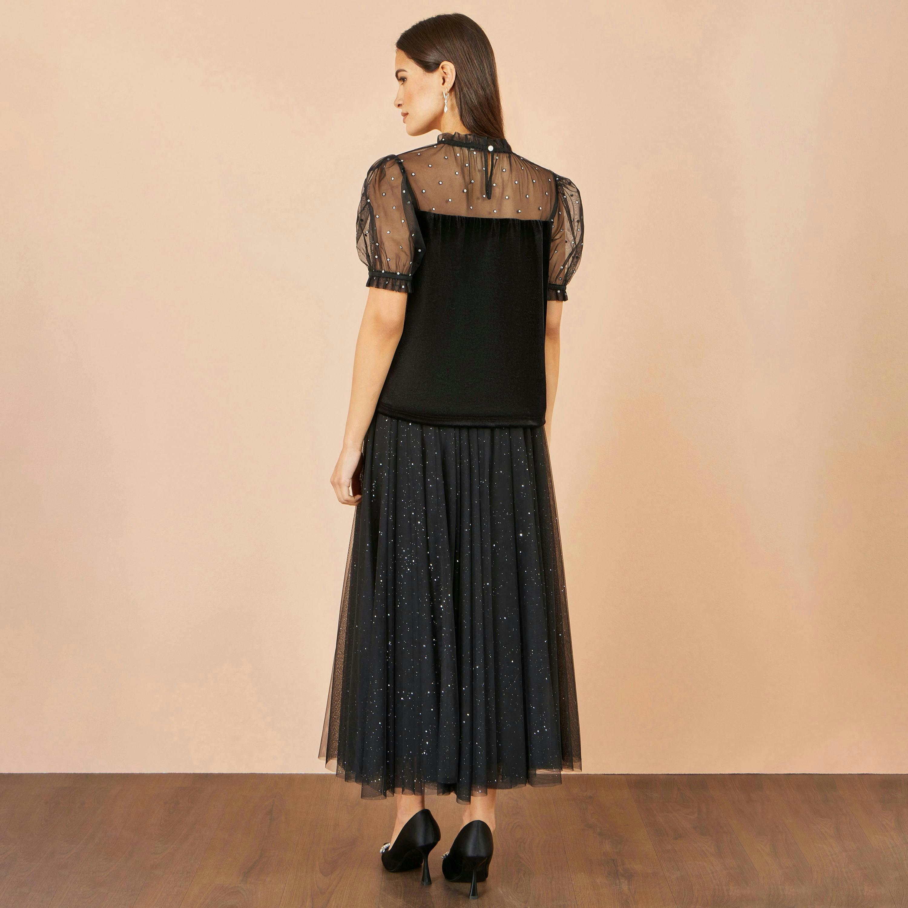 Yumi Black Velvet Mesh Embellished Top , view 4 of 5