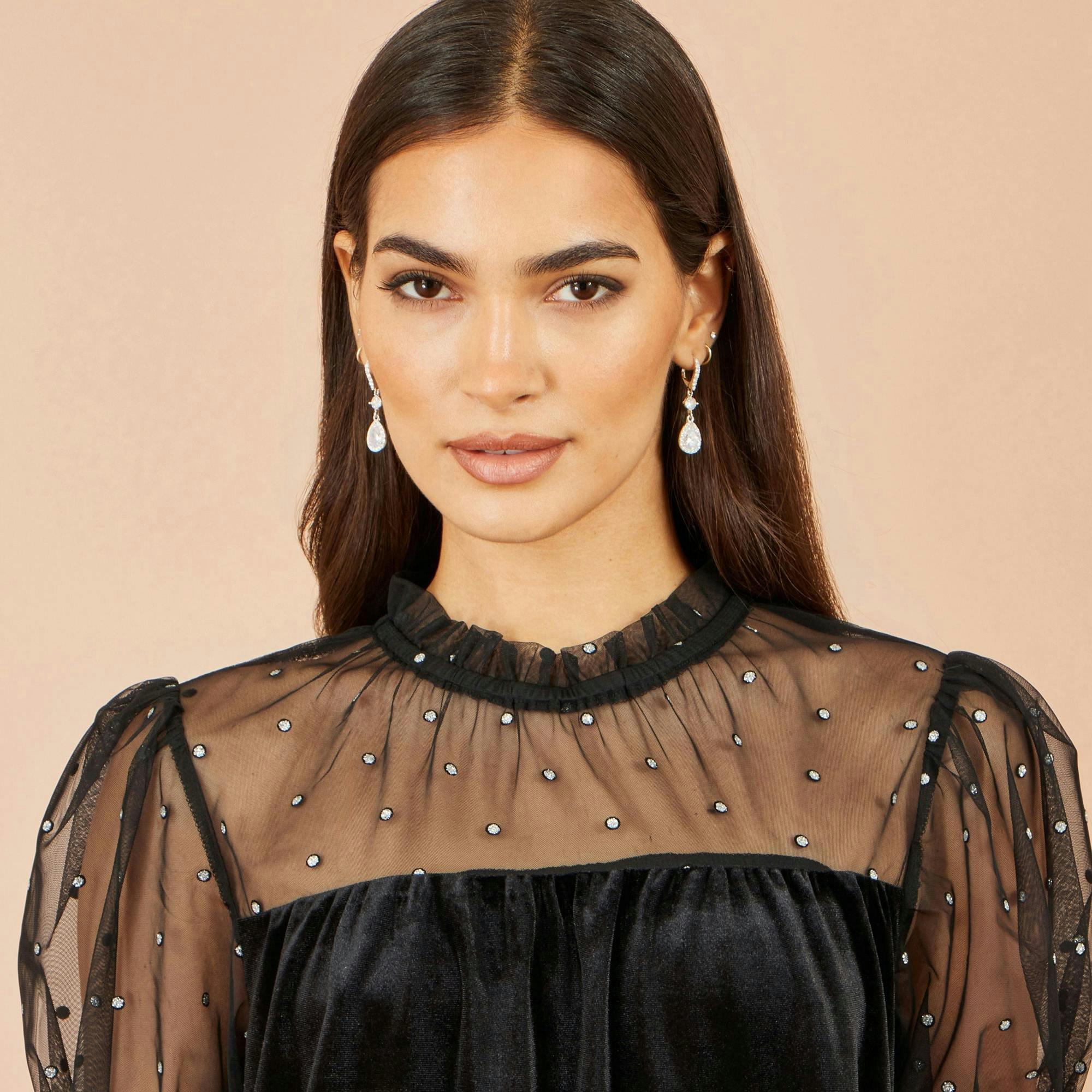 Yumi Black Velvet Mesh Embellished Top , view 5 of 5