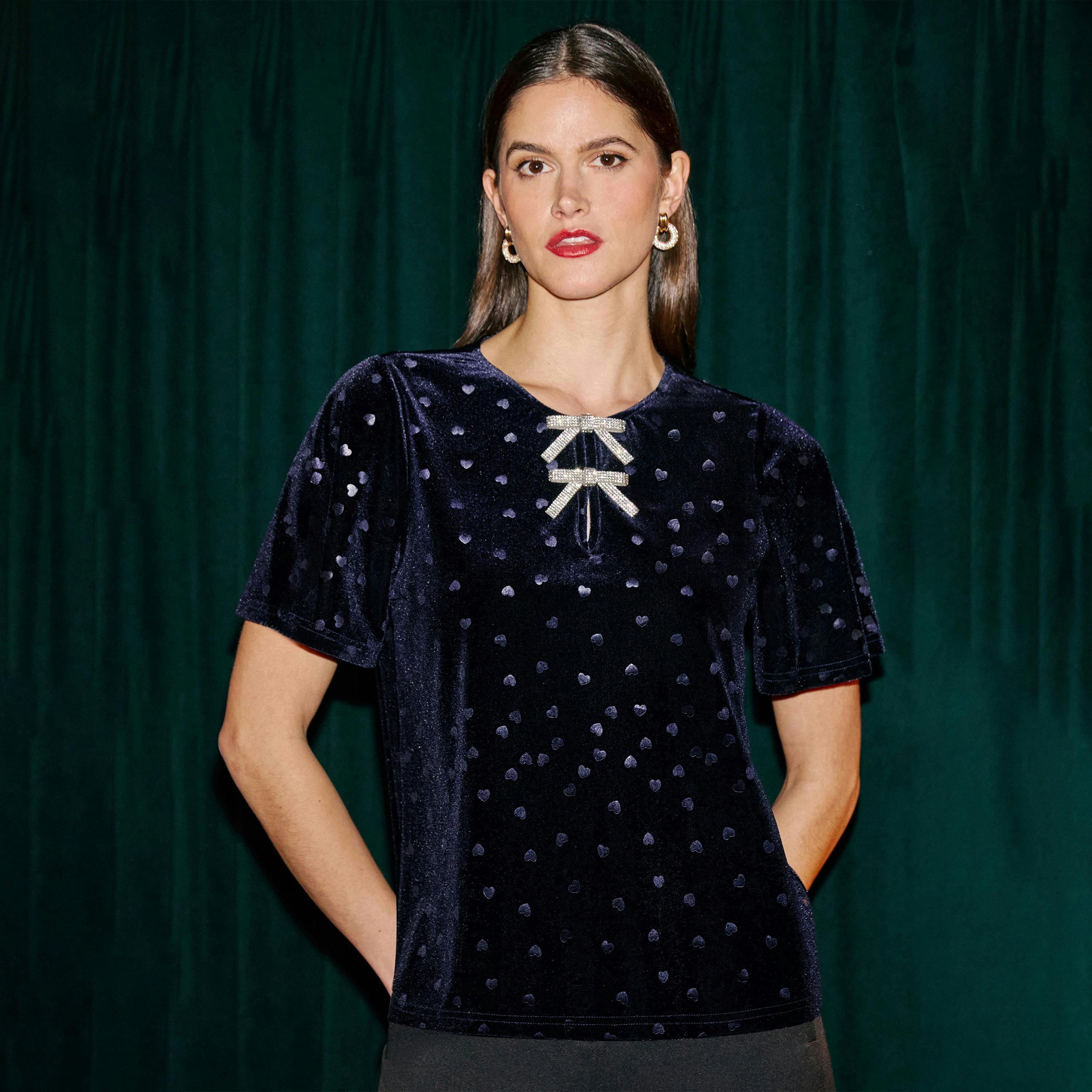 Yumi Navy Velvet Heart Top With Bow Detail , view 2 of 5