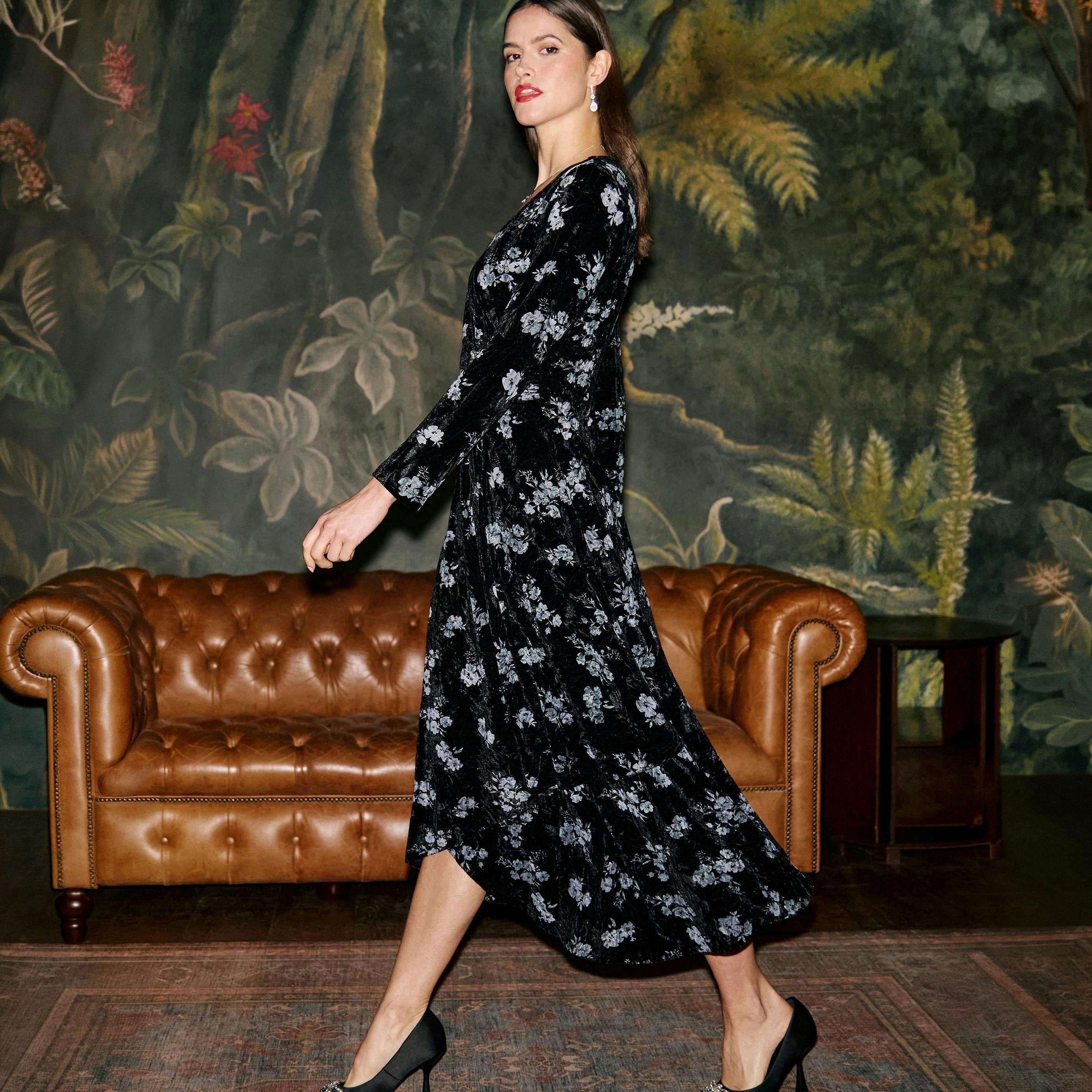 Yumi Black Floral Velvet Midi Wrap Dress , view 2 of 6
