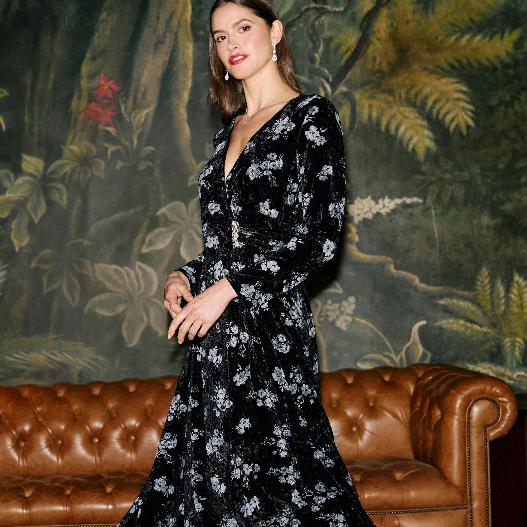 Yumi Black Floral Velvet Midi Wrap Dress , view 3 of 6