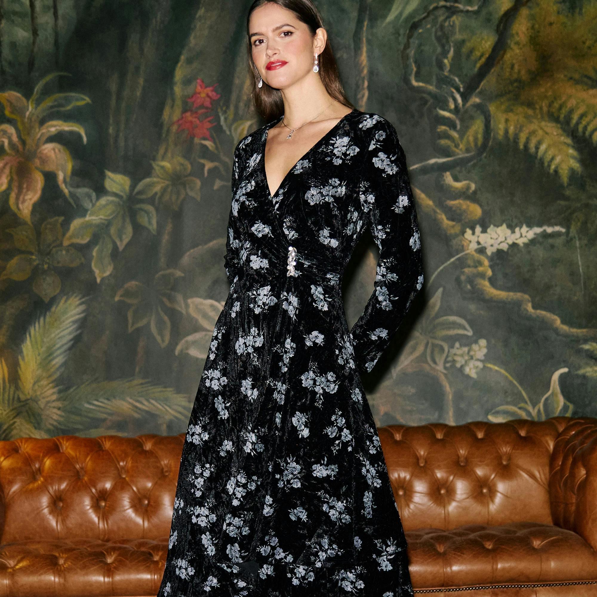 Yumi Black Floral Velvet Midi Wrap Dress , view 4 of 6