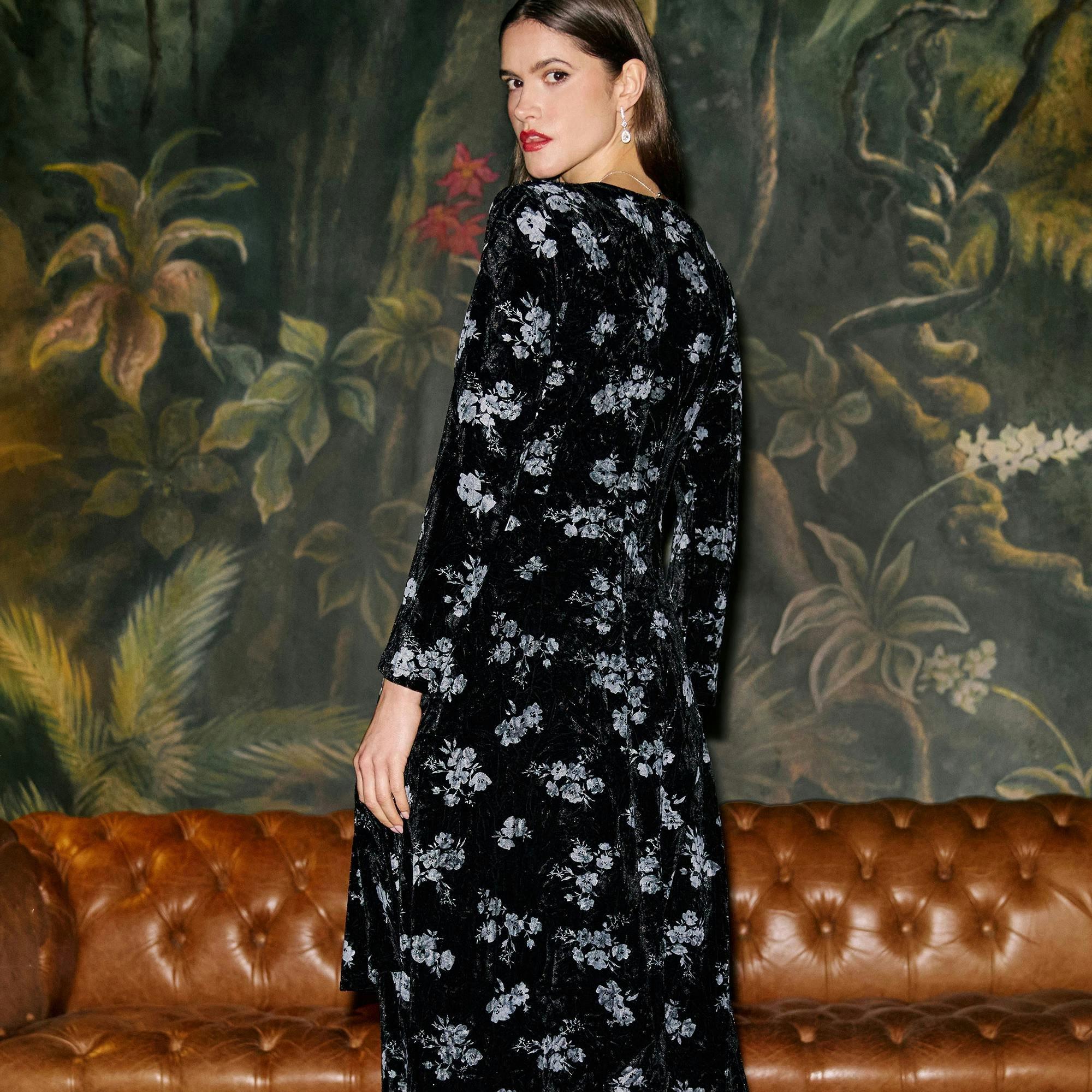 Yumi Black Floral Velvet Midi Wrap Dress , view 5 of 6