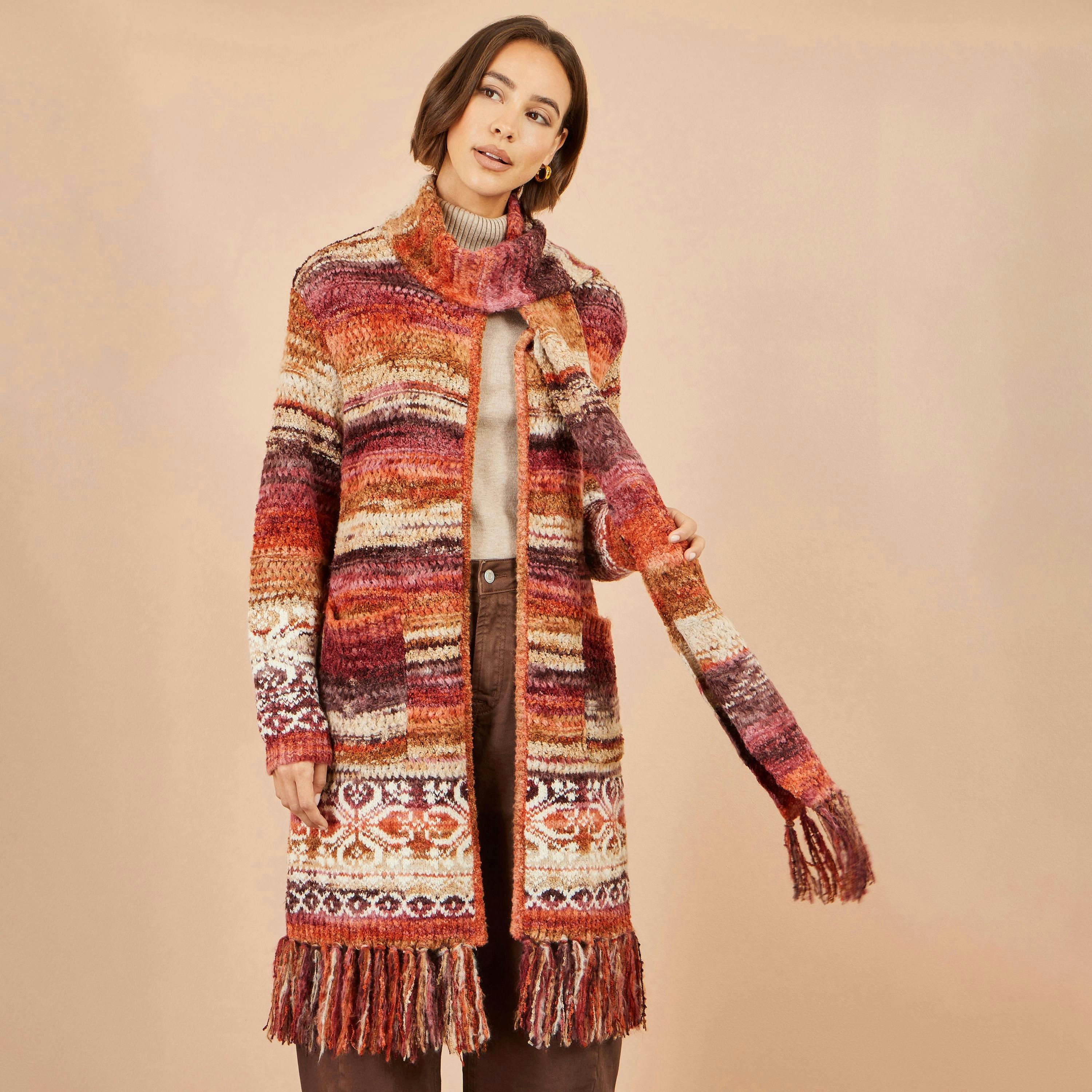 Yumi Orange Boucle Soft Long Cardigan With Scarf , view 2 of 6
