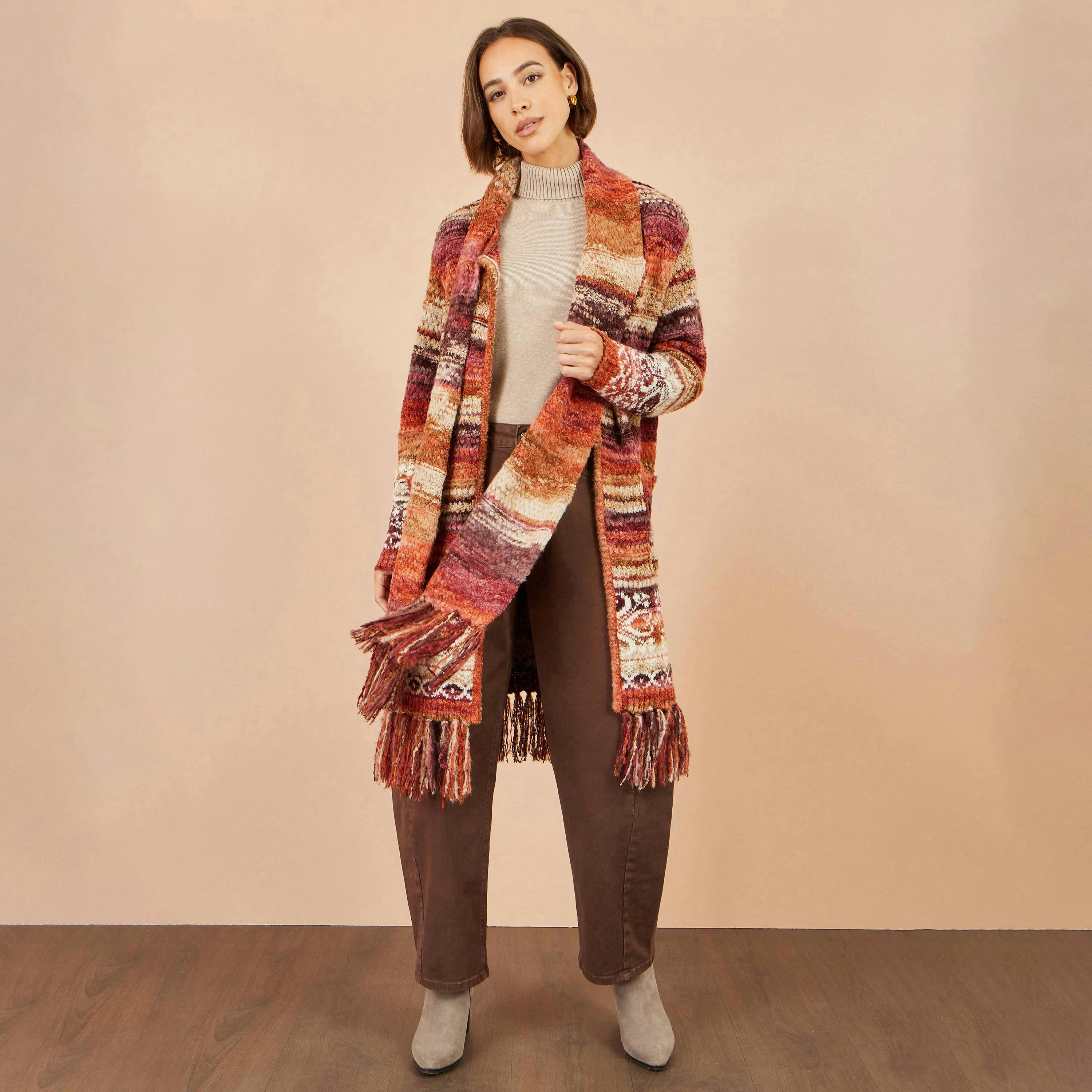 Yumi Orange Boucle Soft Long Cardigan With Scarf , view 3 of 6