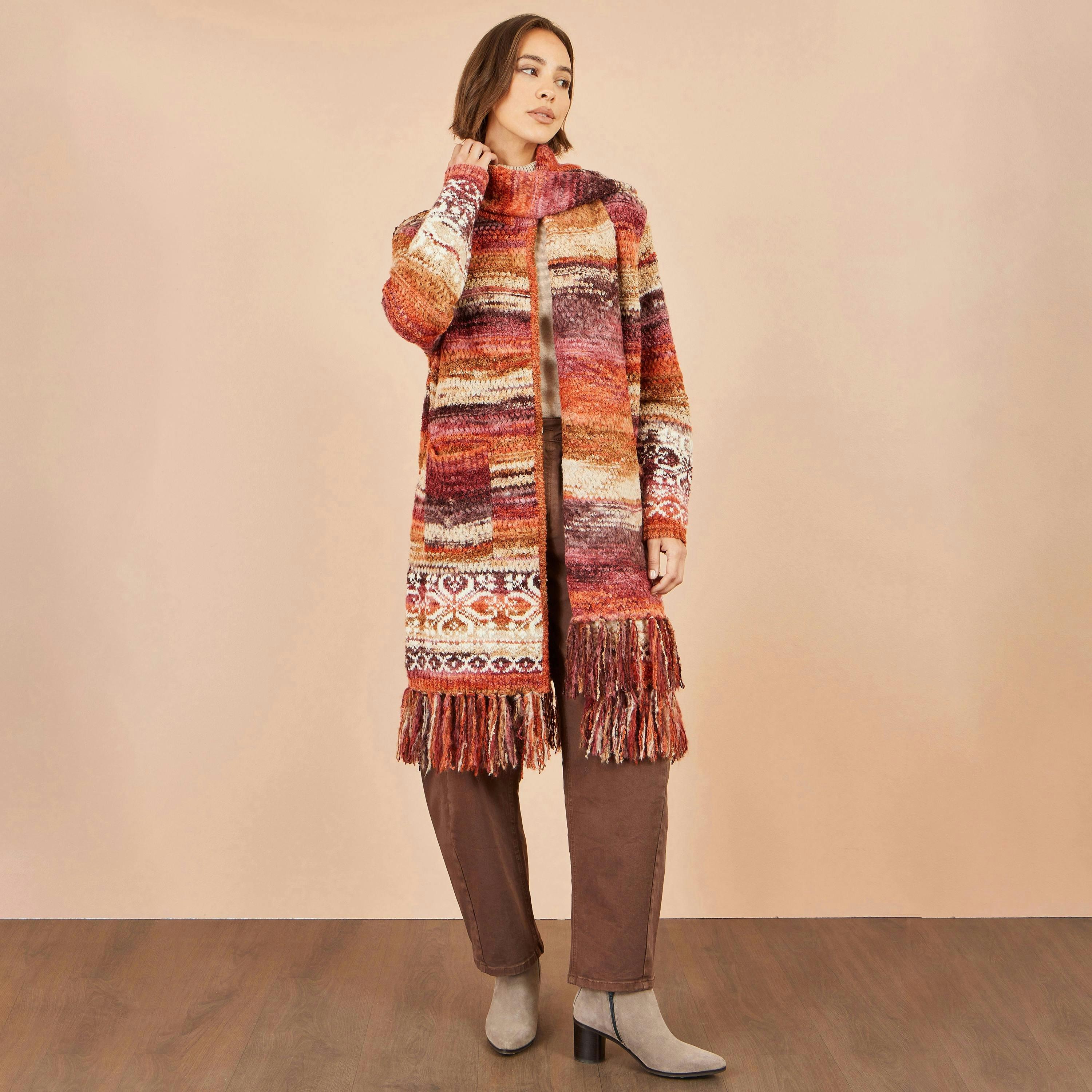 Yumi Orange Boucle Soft Long Cardigan With Scarf , view 4 of 6