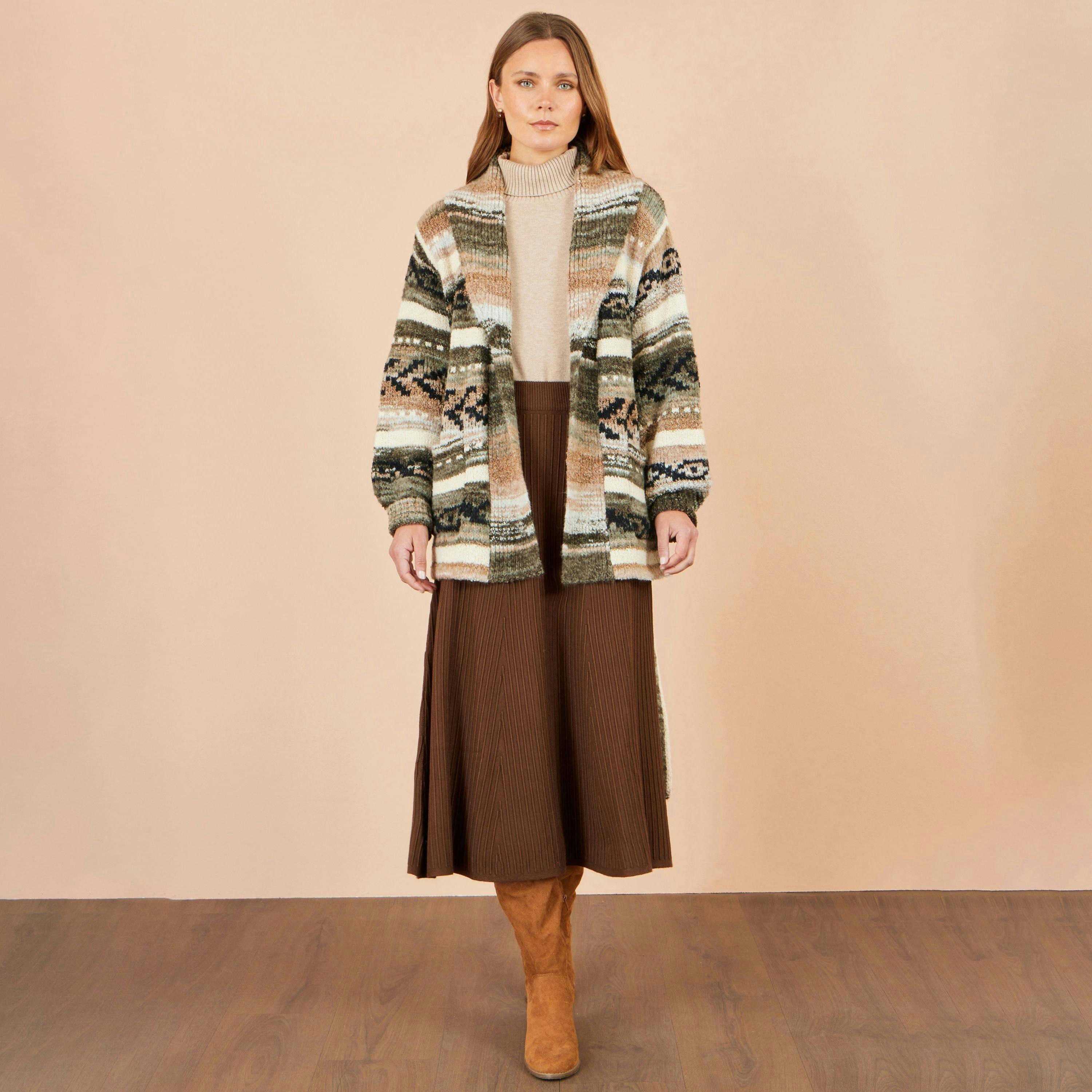 Yumi Green Stripe Fairisle Soft Wrap Cardigan , view 3 of 5