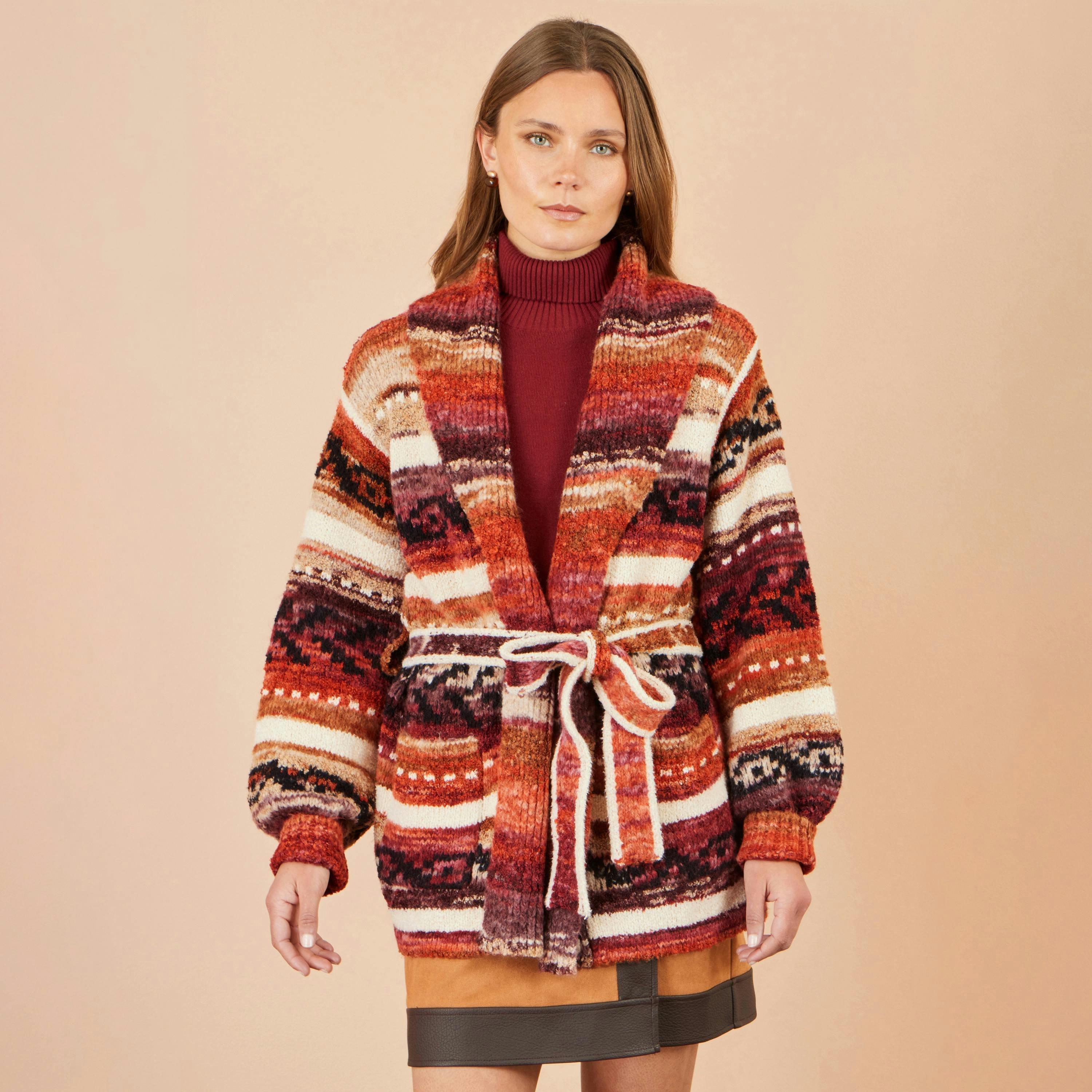 Yumi Orange Stripe Fairisle Soft Wrap Cardigan , view 5 of 6
