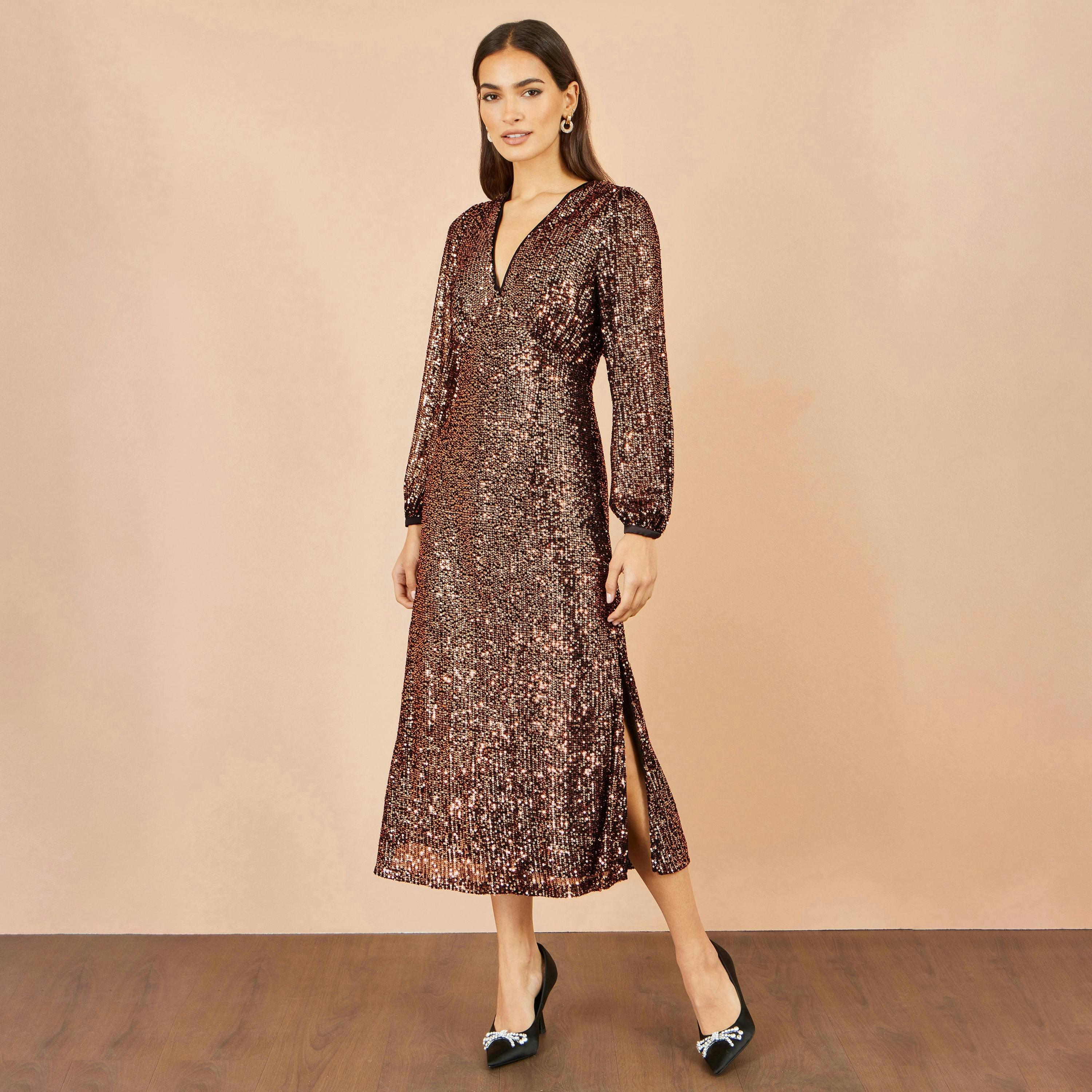 Yumi Copper Sequin Long Sleeve Midi Dress , view 2 of 5