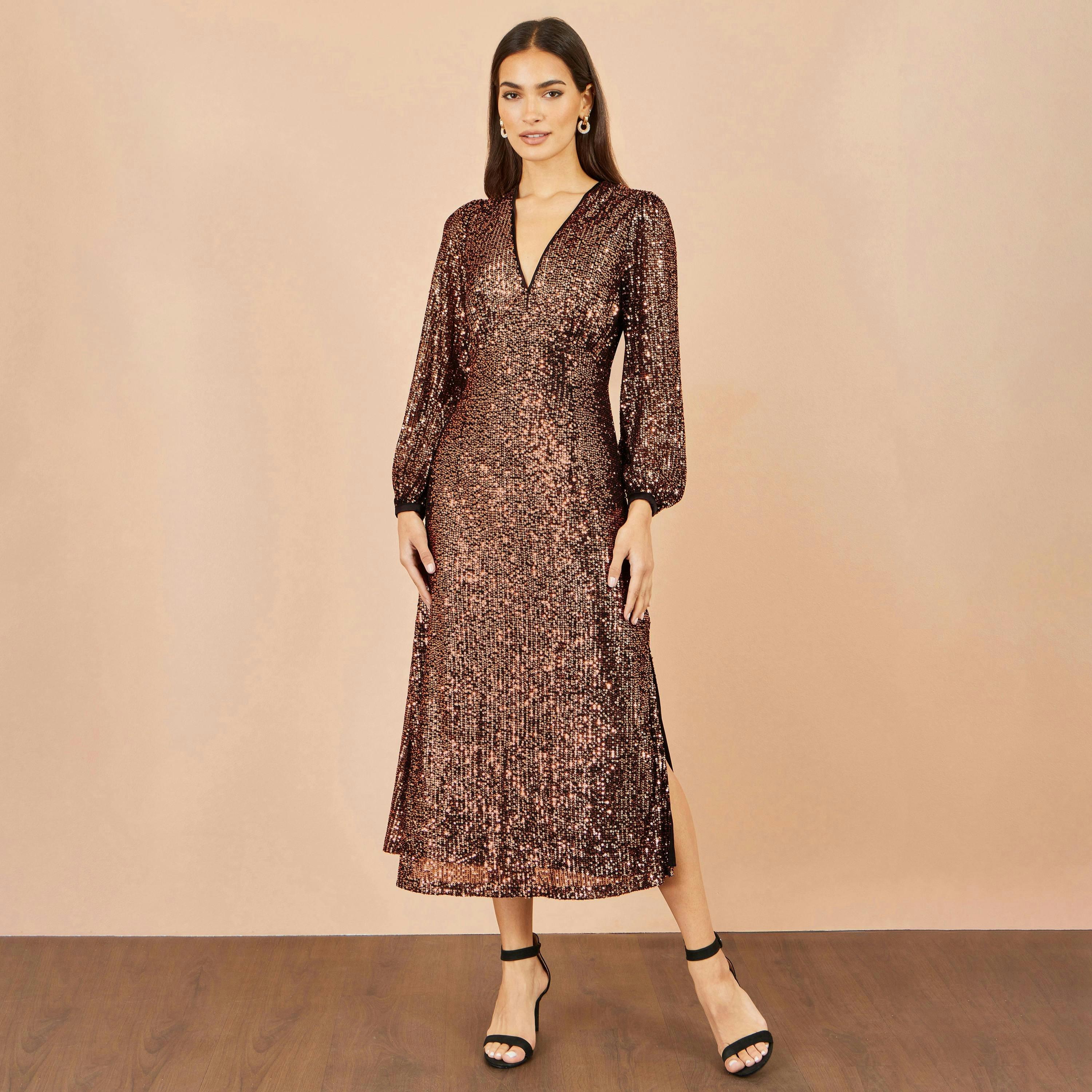 Yumi Copper Sequin Long Sleeve Midi Dress , view 3 of 5