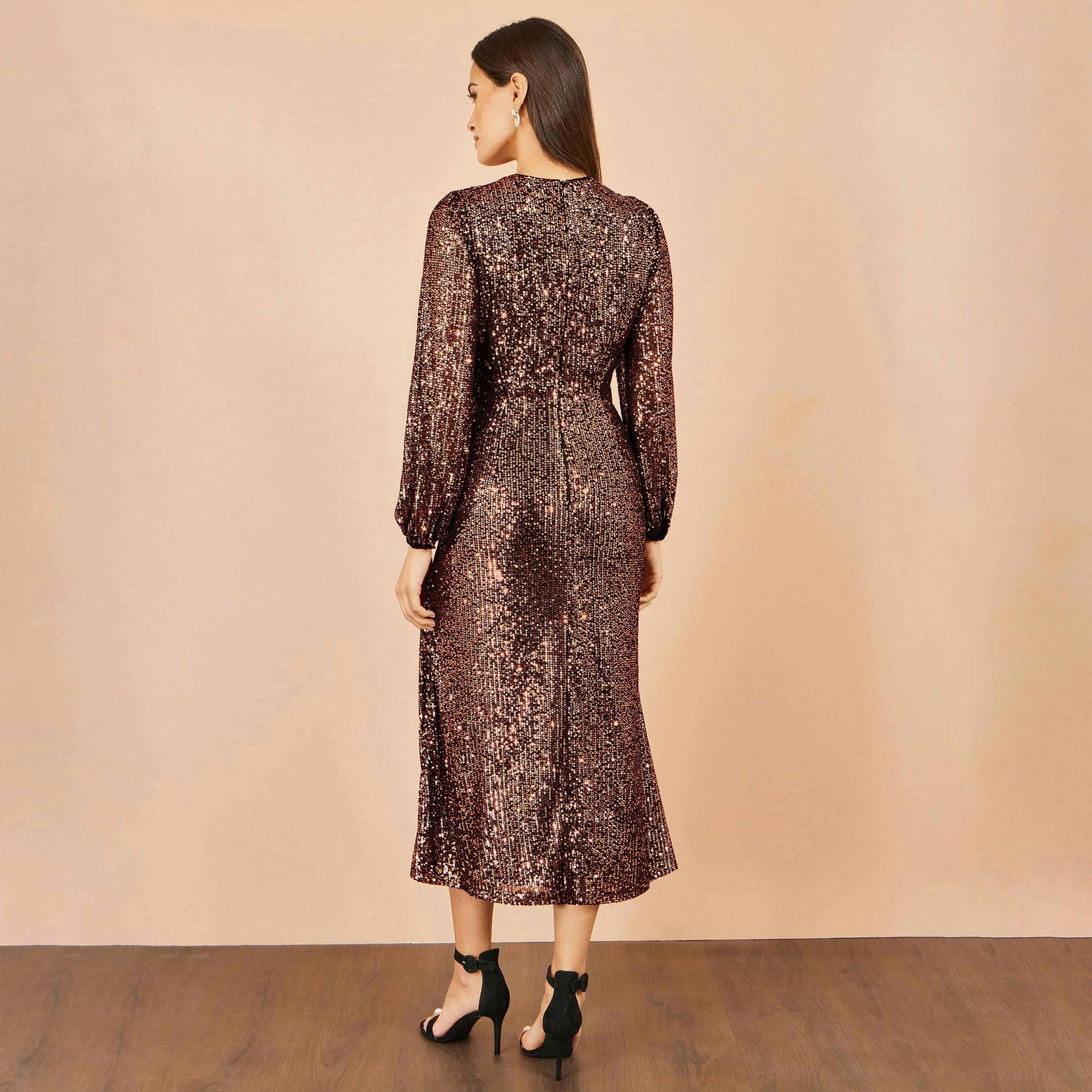 Yumi Copper Sequin Long Sleeve Midi Dress , view 4 of 5