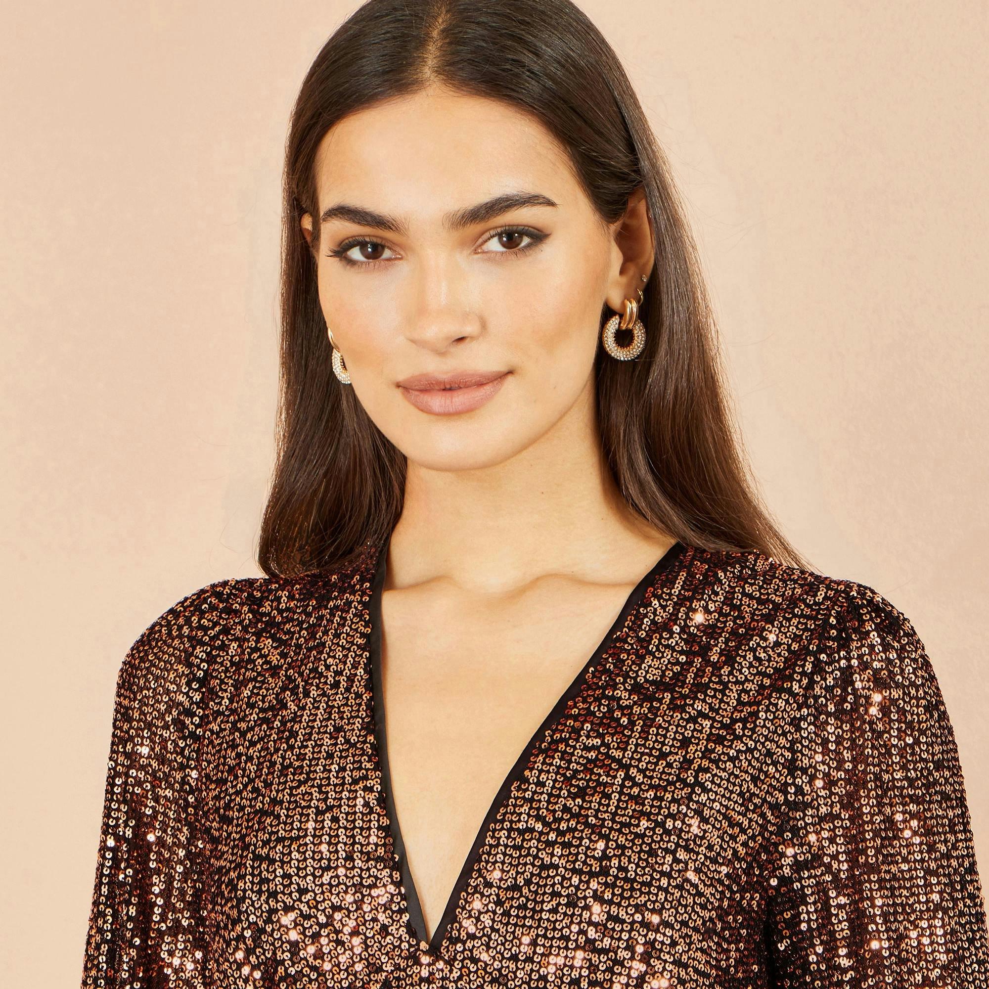Yumi Copper Sequin Long Sleeve Midi Dress , view 5 of 5