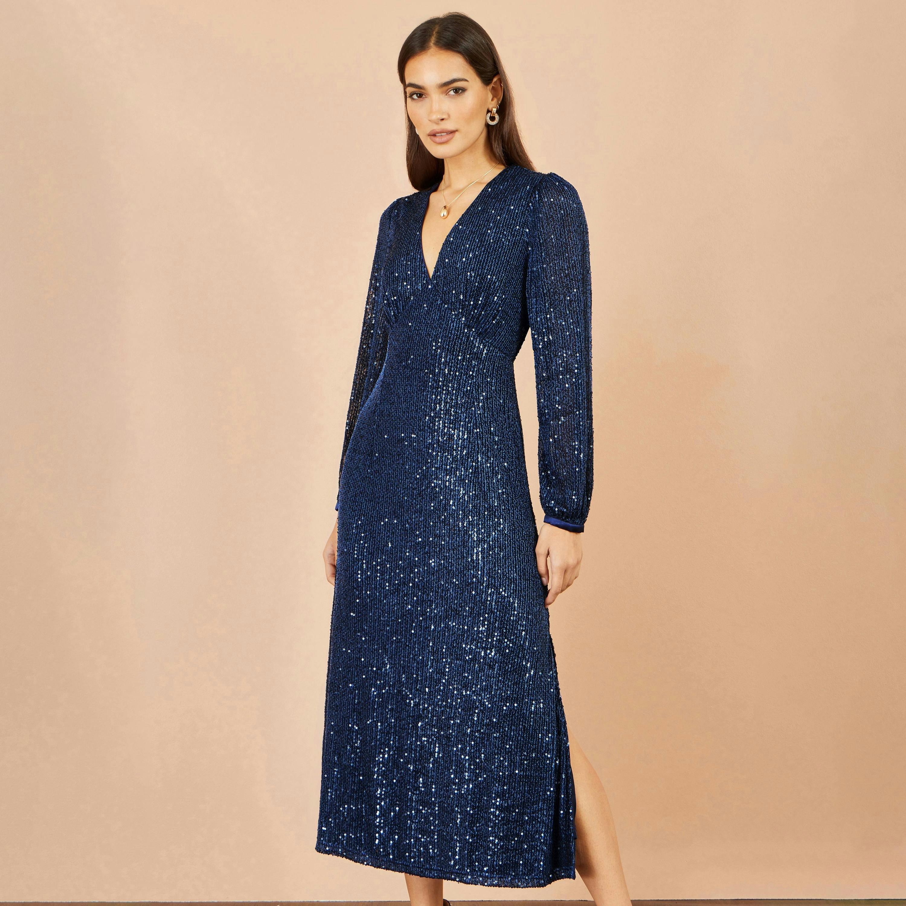 Yumi Navy Sequin Long Sleeve Midi Dress , view 2 of 5