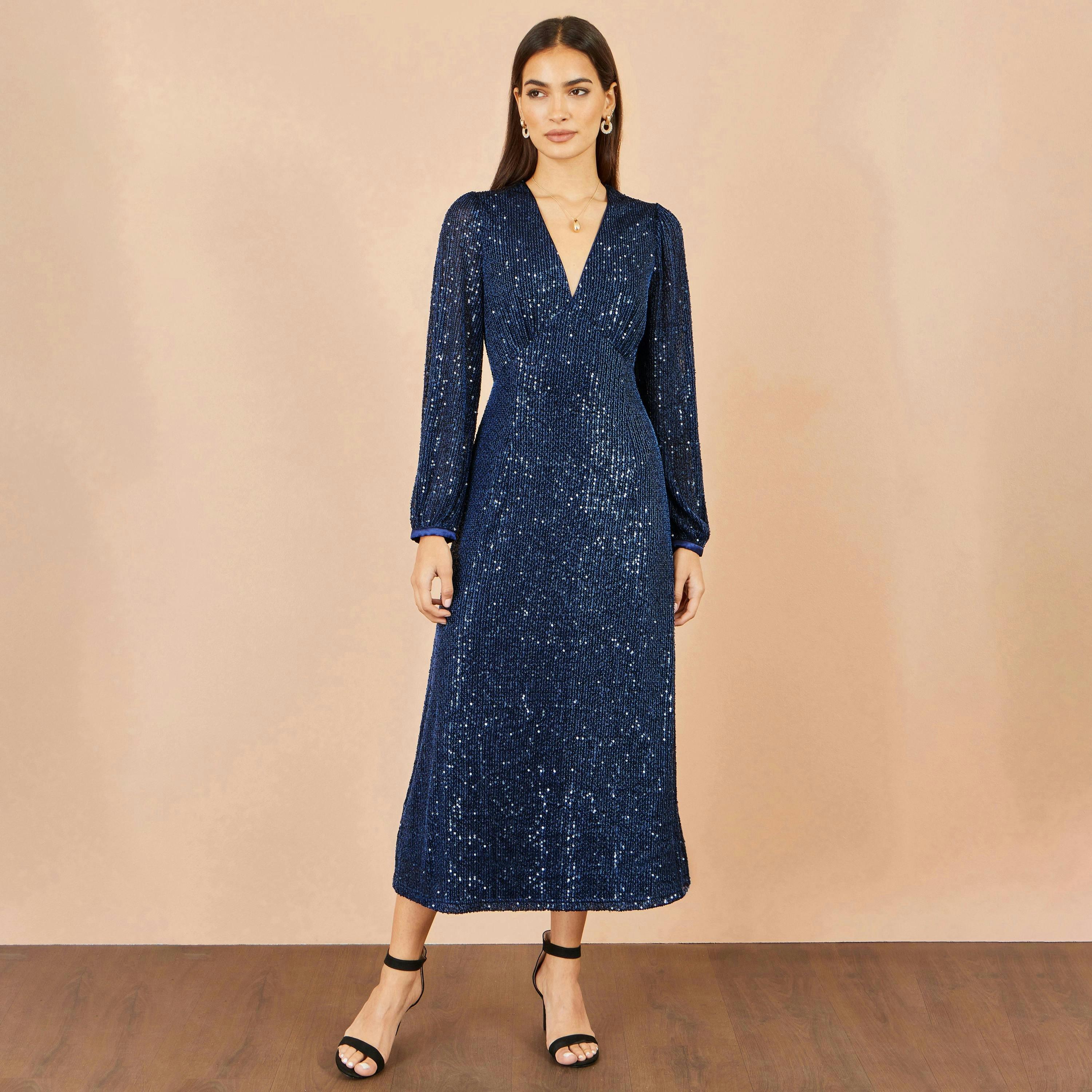 Yumi Navy Sequin Long Sleeve Midi Dress , view 3 of 5
