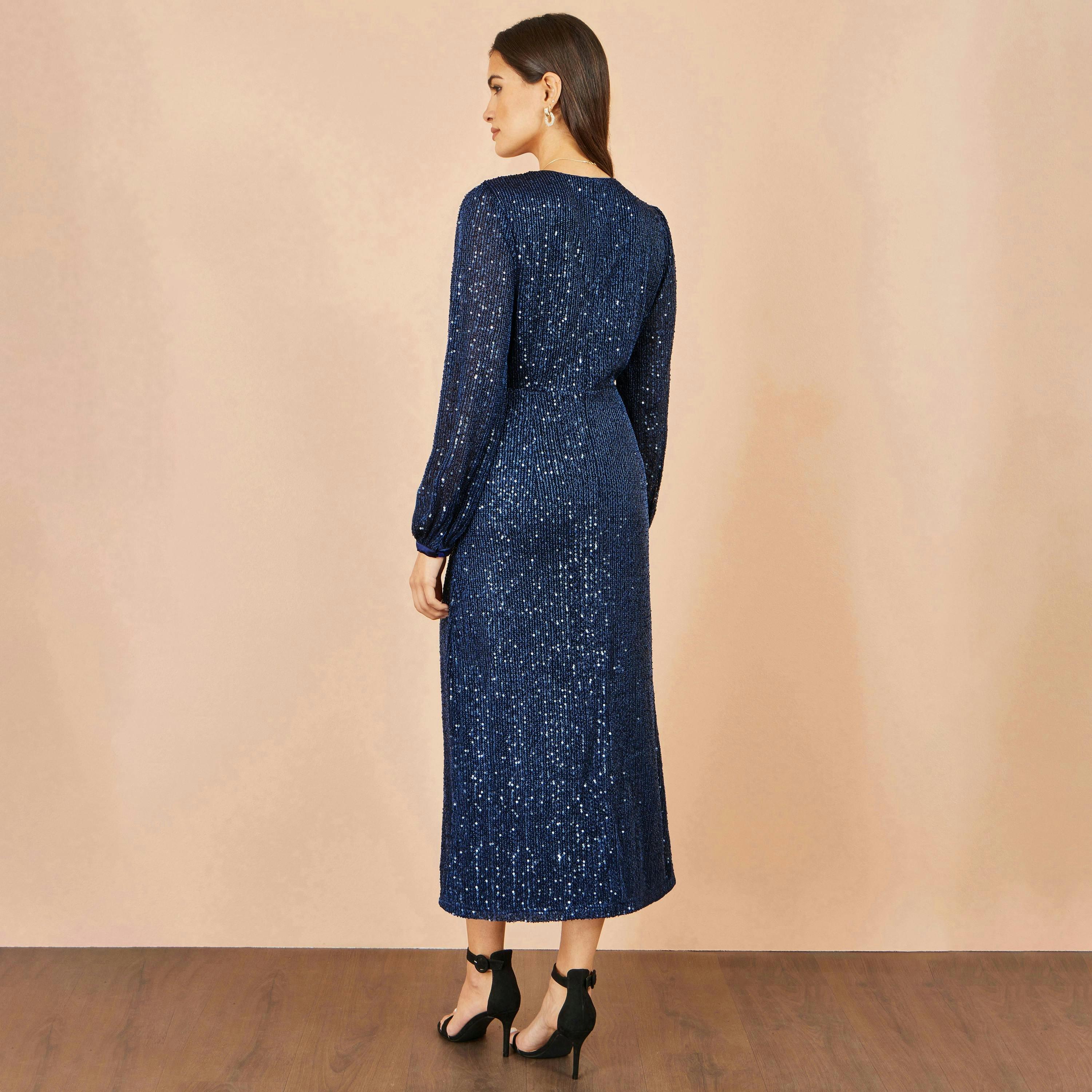 Yumi Navy Sequin Long Sleeve Midi Dress , view 4 of 5
