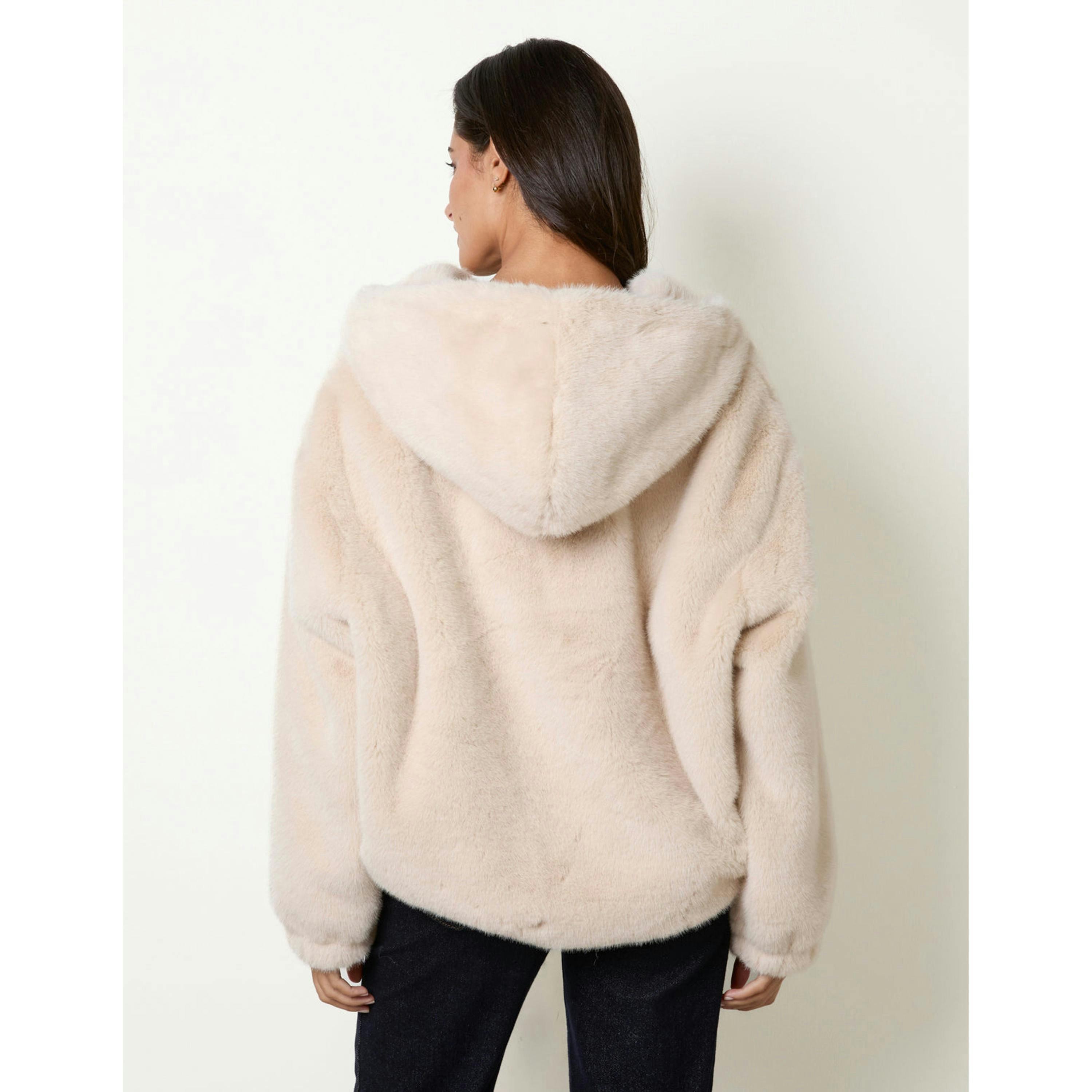 Blue Vanilla Hooded Faux Fur Coat  in Stone , view 2 of 4