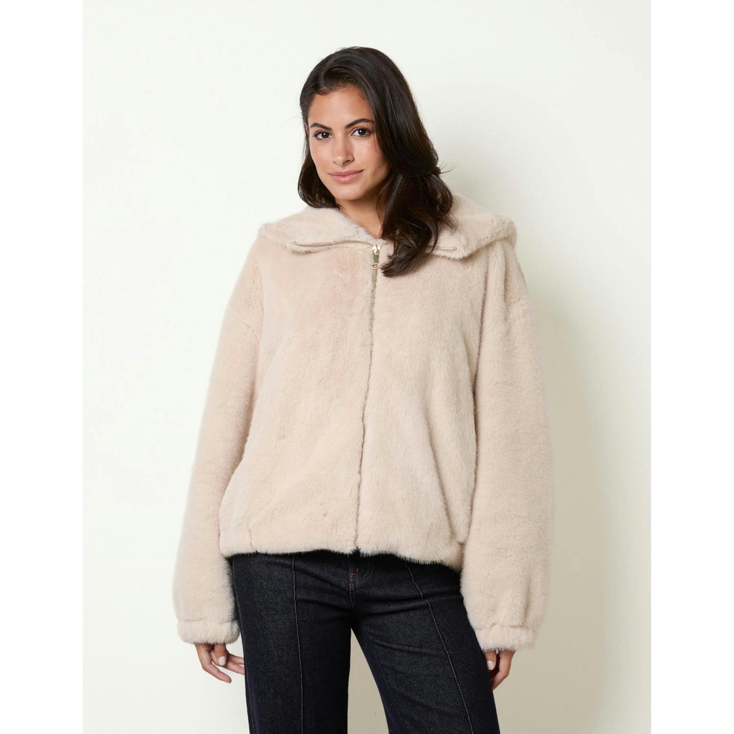 Blue Vanilla Hooded Faux Fur Coat  in Stone , view 4 of 4