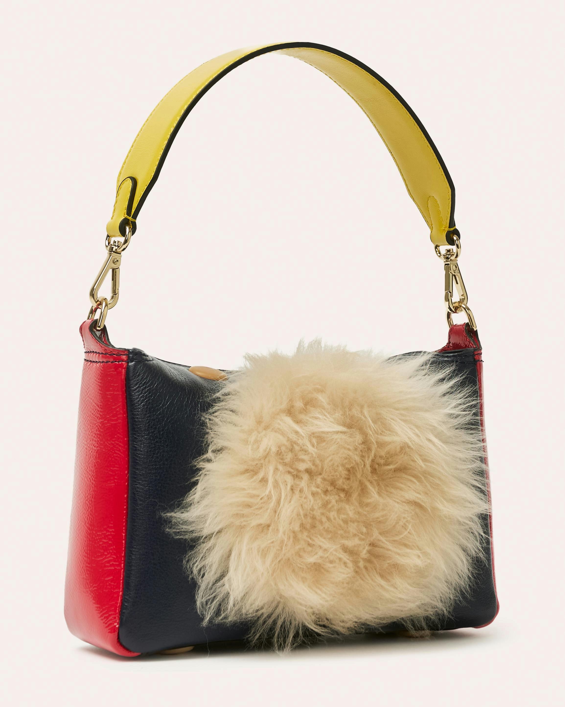 Mini Softie Leather Handbag - Sheepskin Applique Navy , view 2 of 3